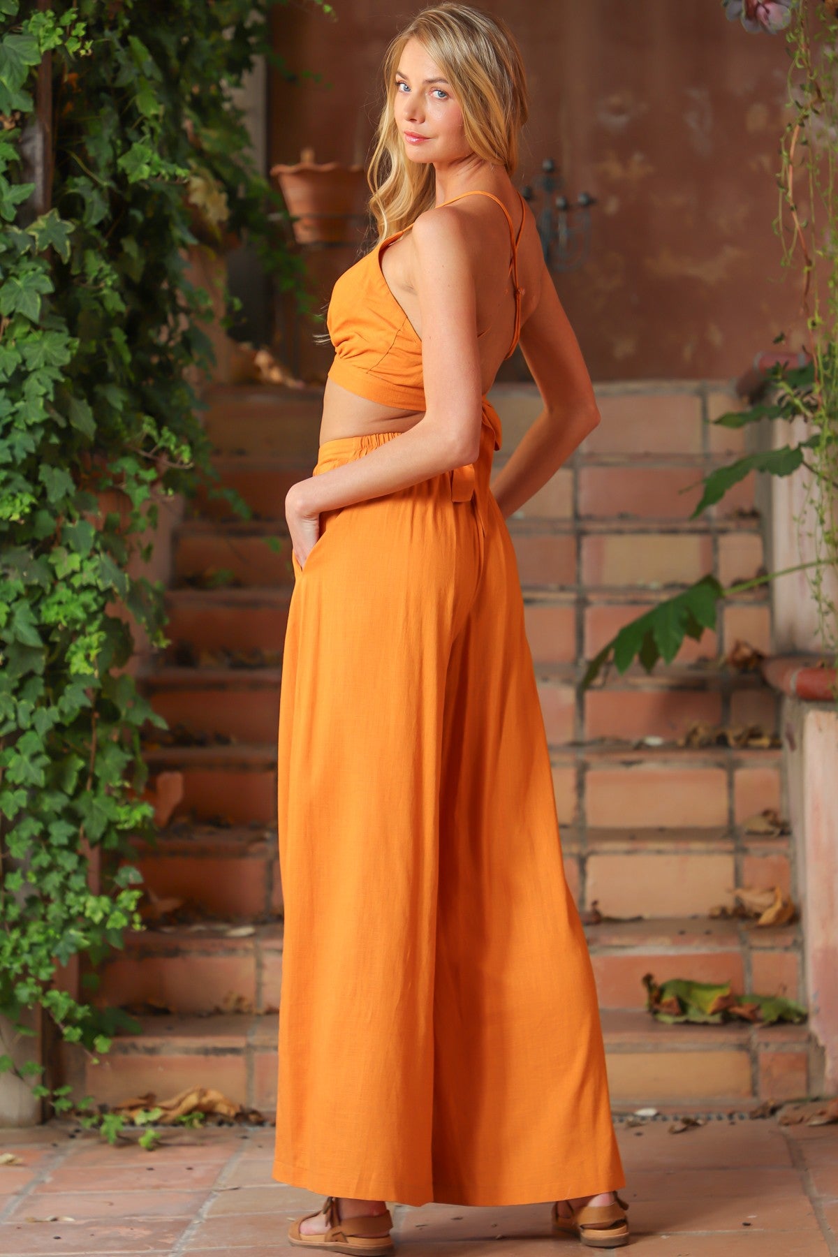 Linen Cropped Top And High Waisted Long Pants Set