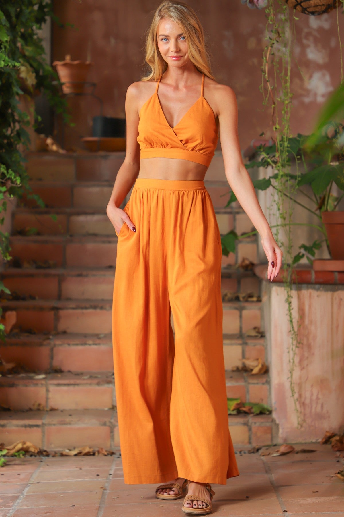 Linen Cropped Top And High Waisted Long Pants Set