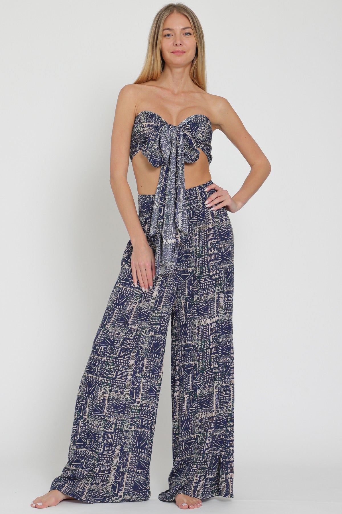 Tie Front Chest Crop Top And Long Pants Set