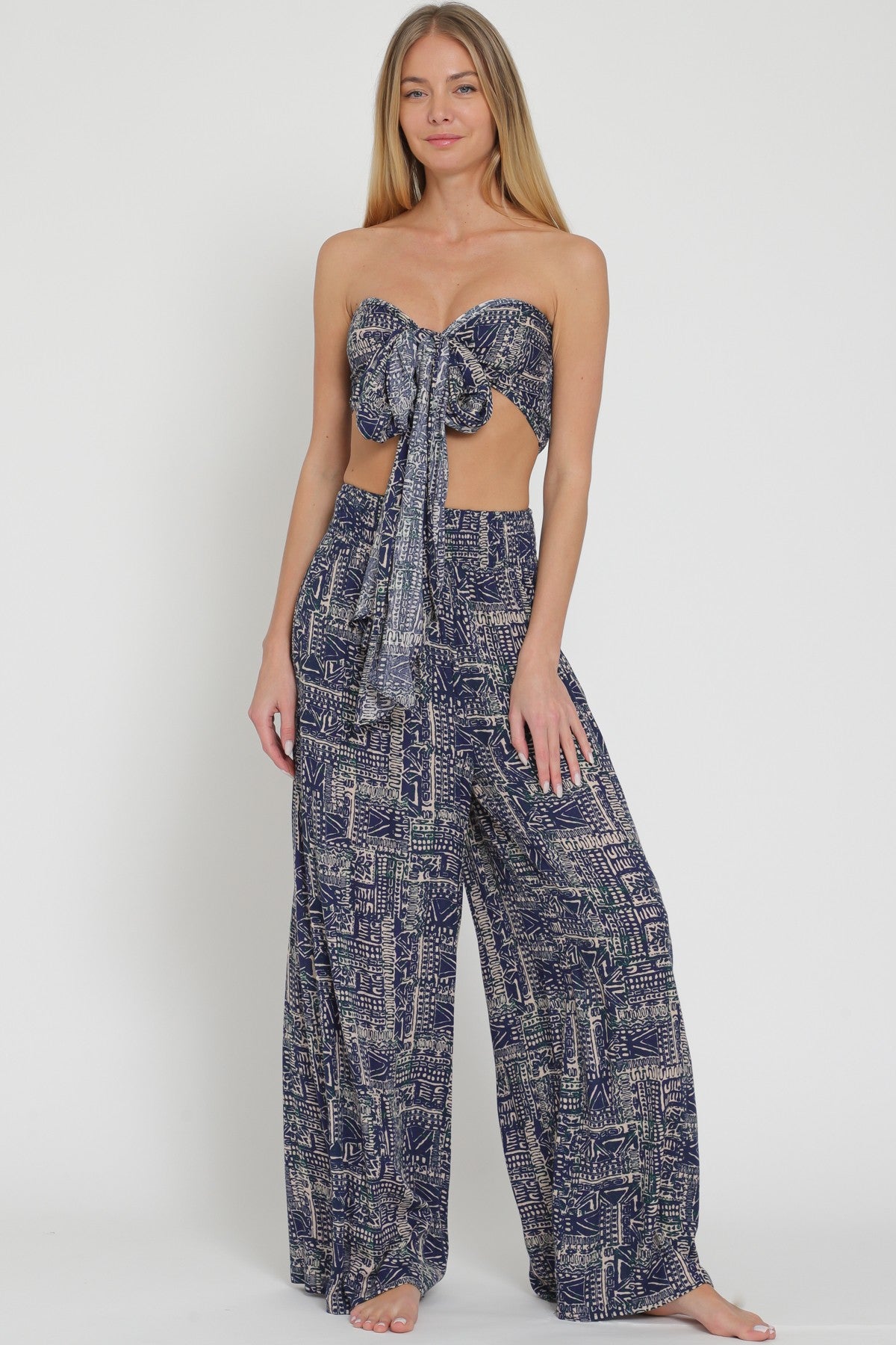 Tie Front Chest Crop Top And Long Pants Set