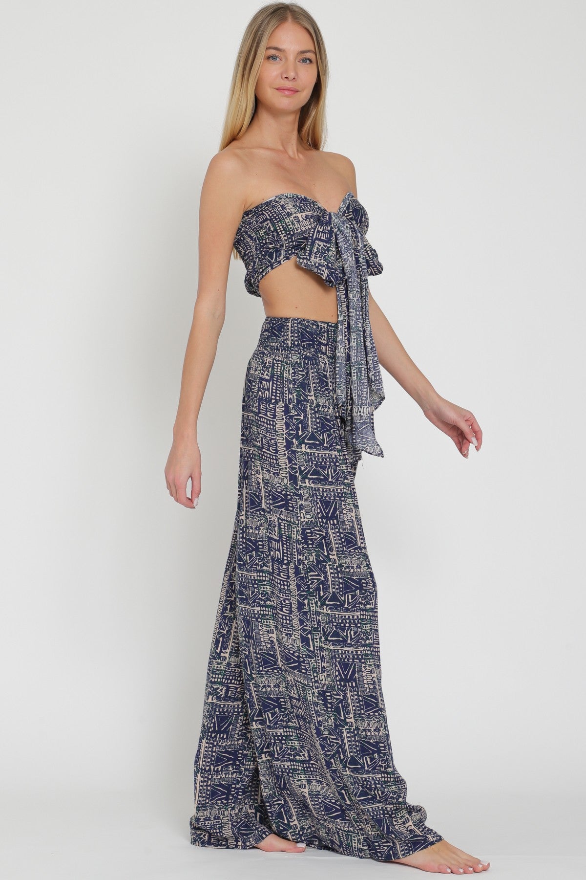 Tie Front Chest Crop Top And Long Pants Set