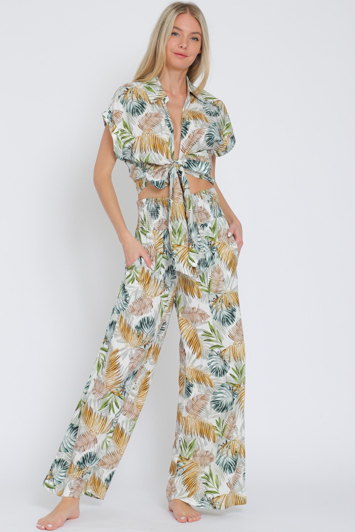 Tie Front Waisted Shirt Top & Long Pants Set