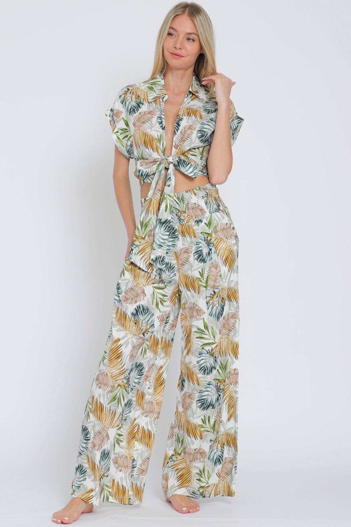 Tie Front Waisted Shirt Top & Long Pants Set
