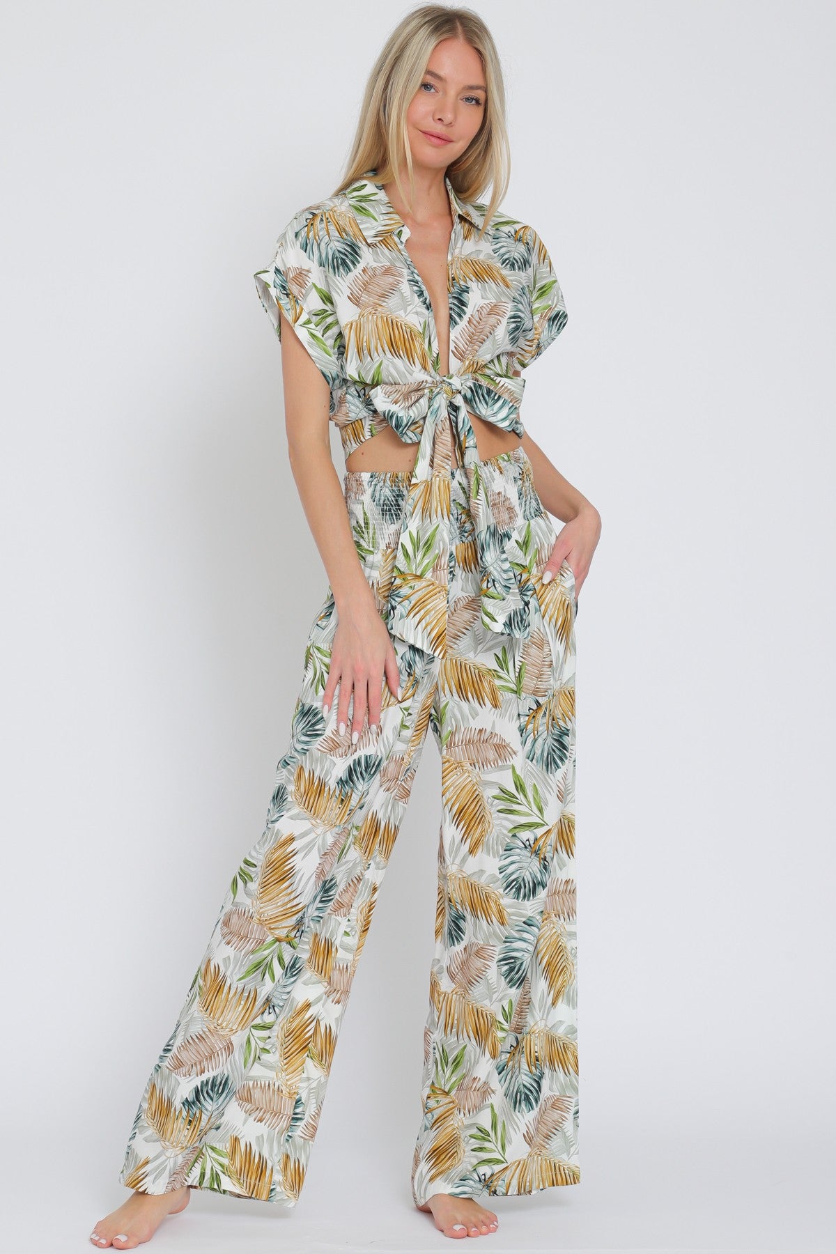Tie Front Waisted Shirt Top & Long Pants Set