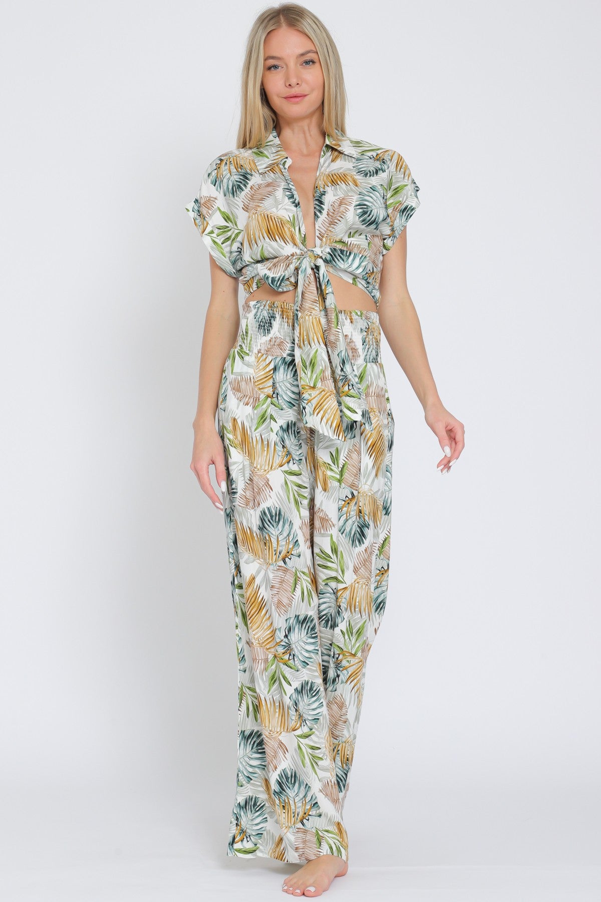 Tie Front Waisted Shirt Top & Long Pants Set