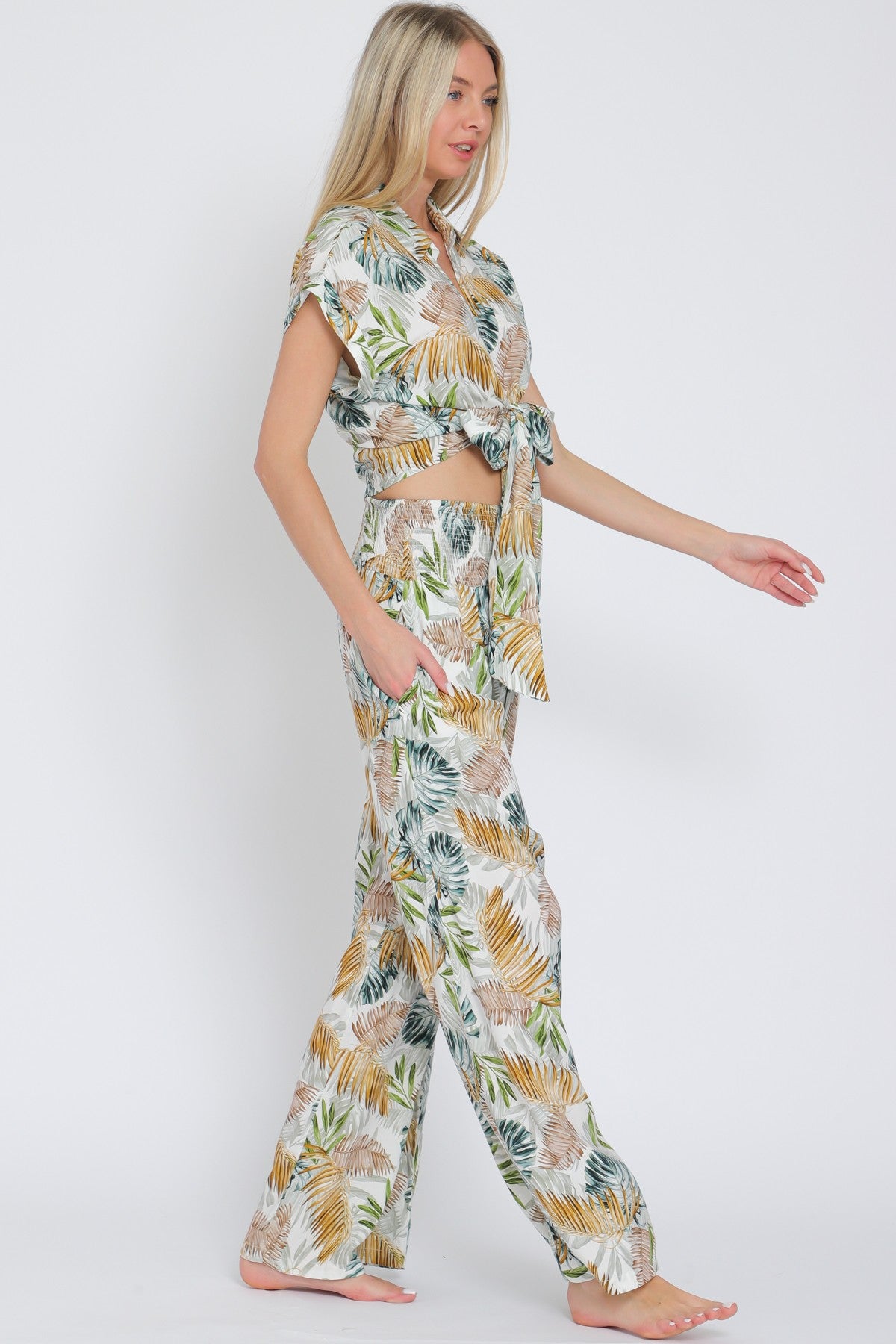 Tie Front Waisted Shirt Top & Long Pants Set