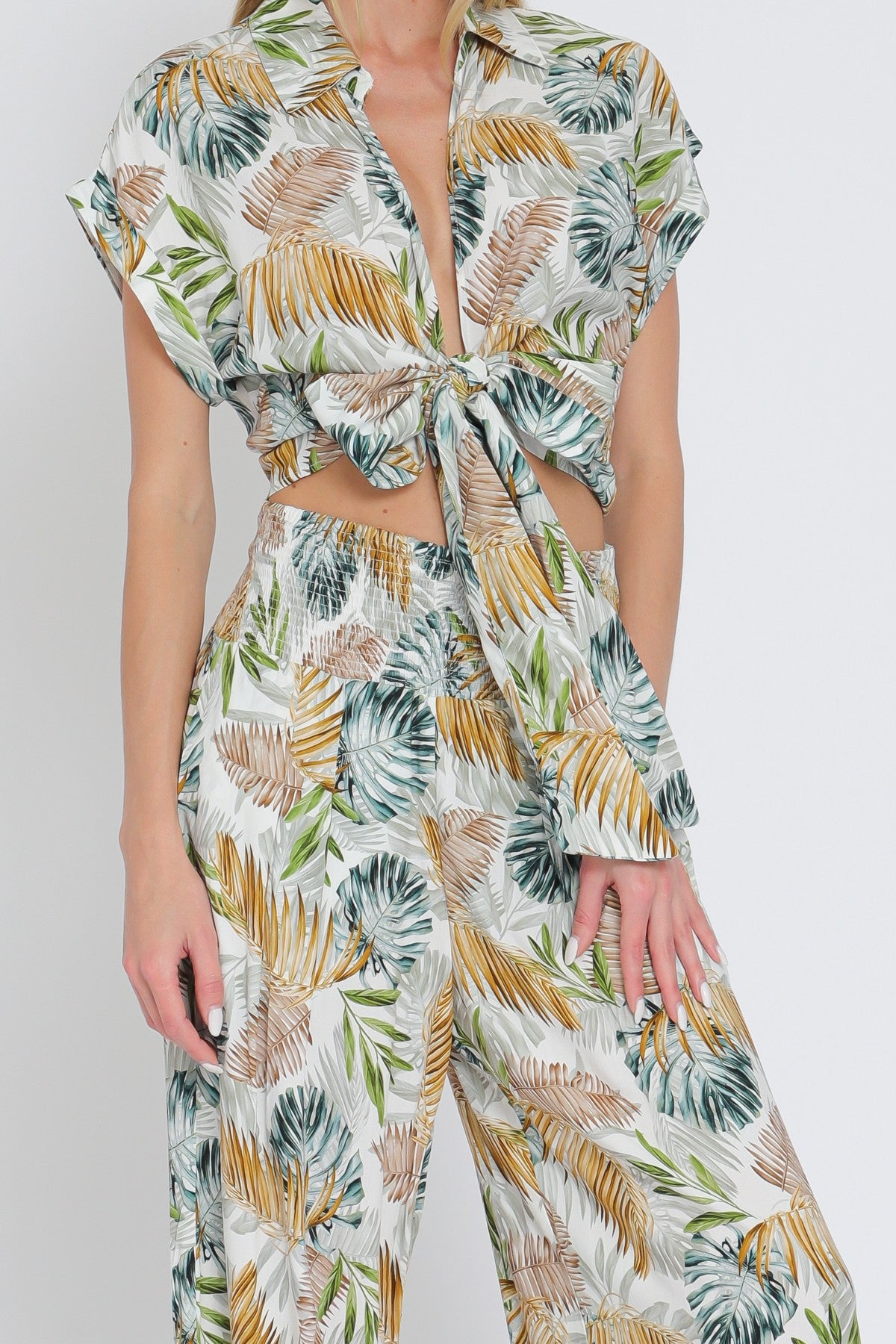 Tie Front Waisted Shirt Top & Long Pants Set