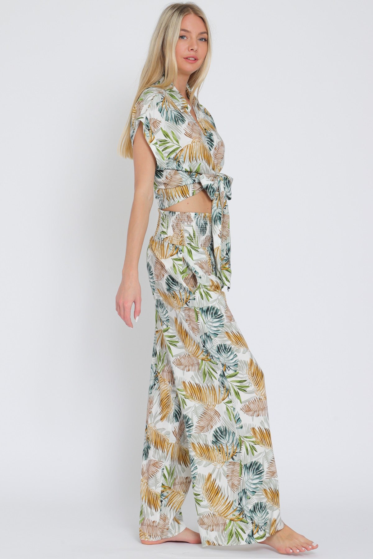 Tie Front Waisted Shirt Top & Long Pants Set