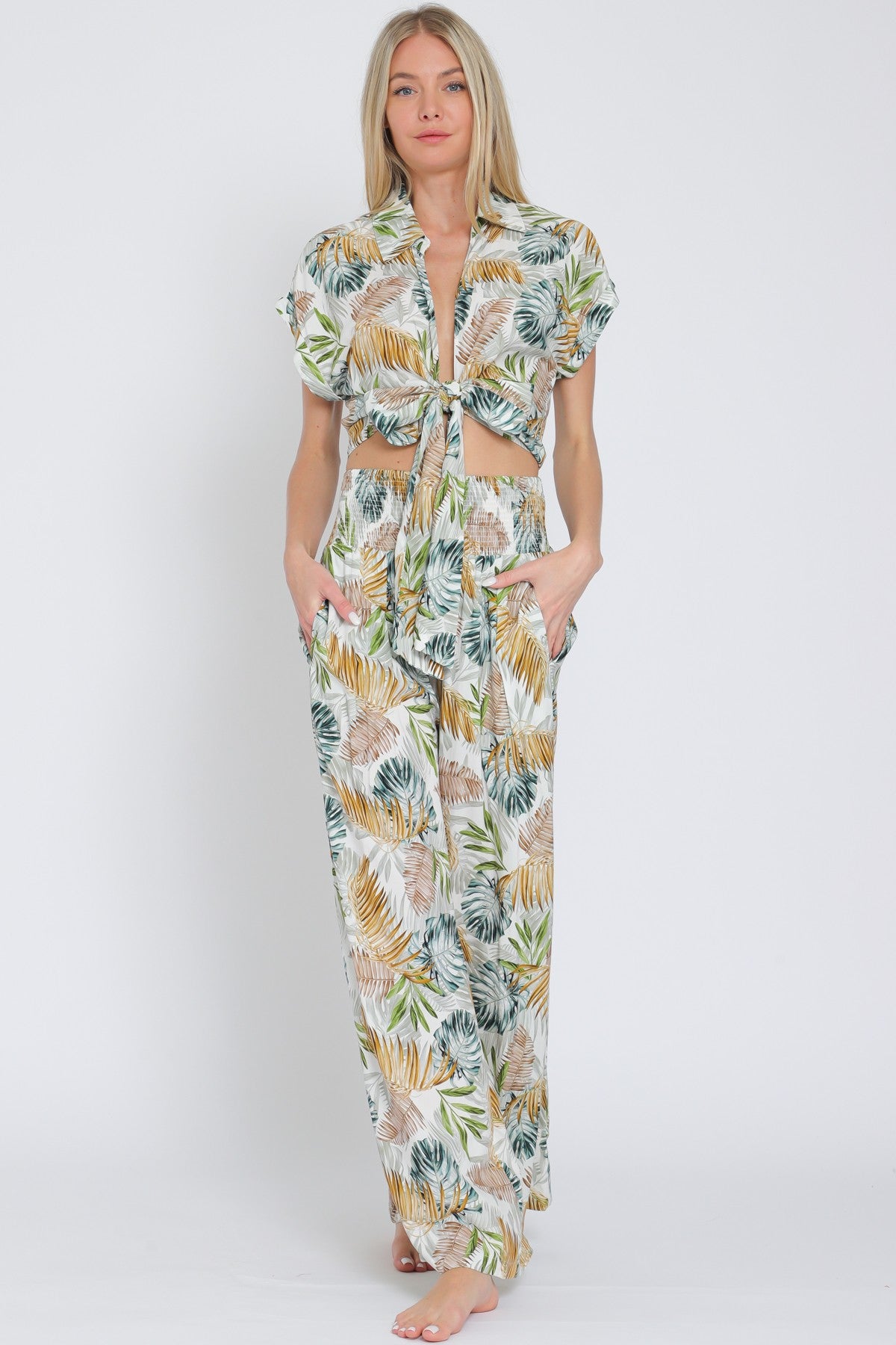 Tie Front Waisted Shirt Top & Long Pants Set