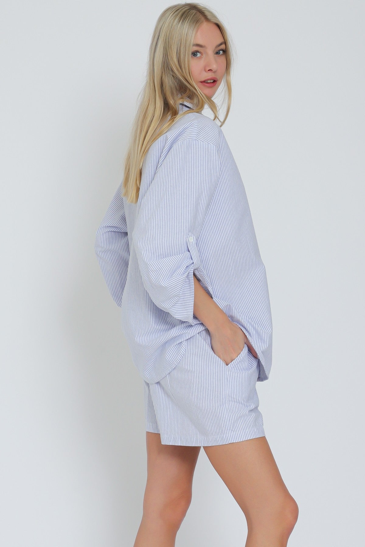 Roll Up Sleeve Shirt & Elastic Waisted Shorts Set