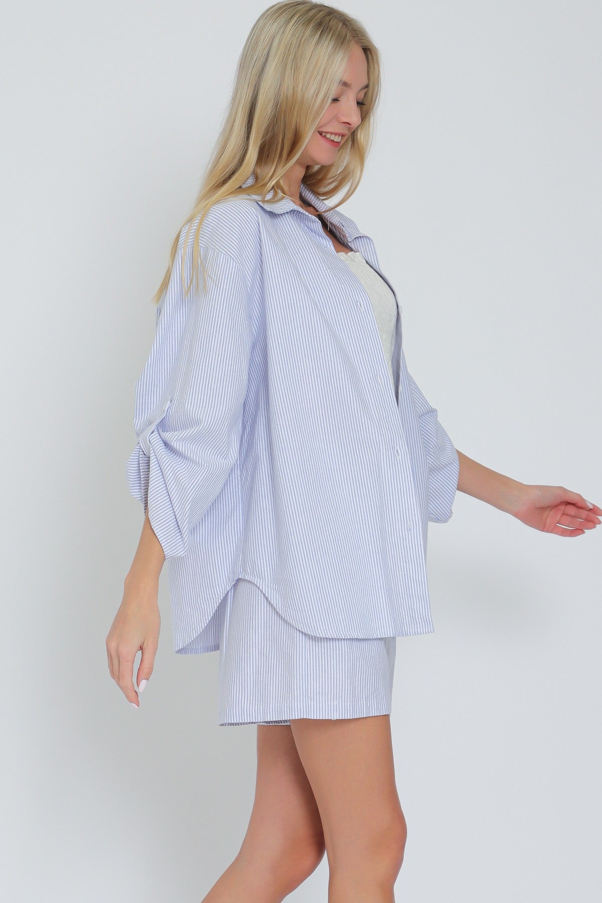 Roll Up Sleeve Shirt & Elastic Waisted Shorts Set