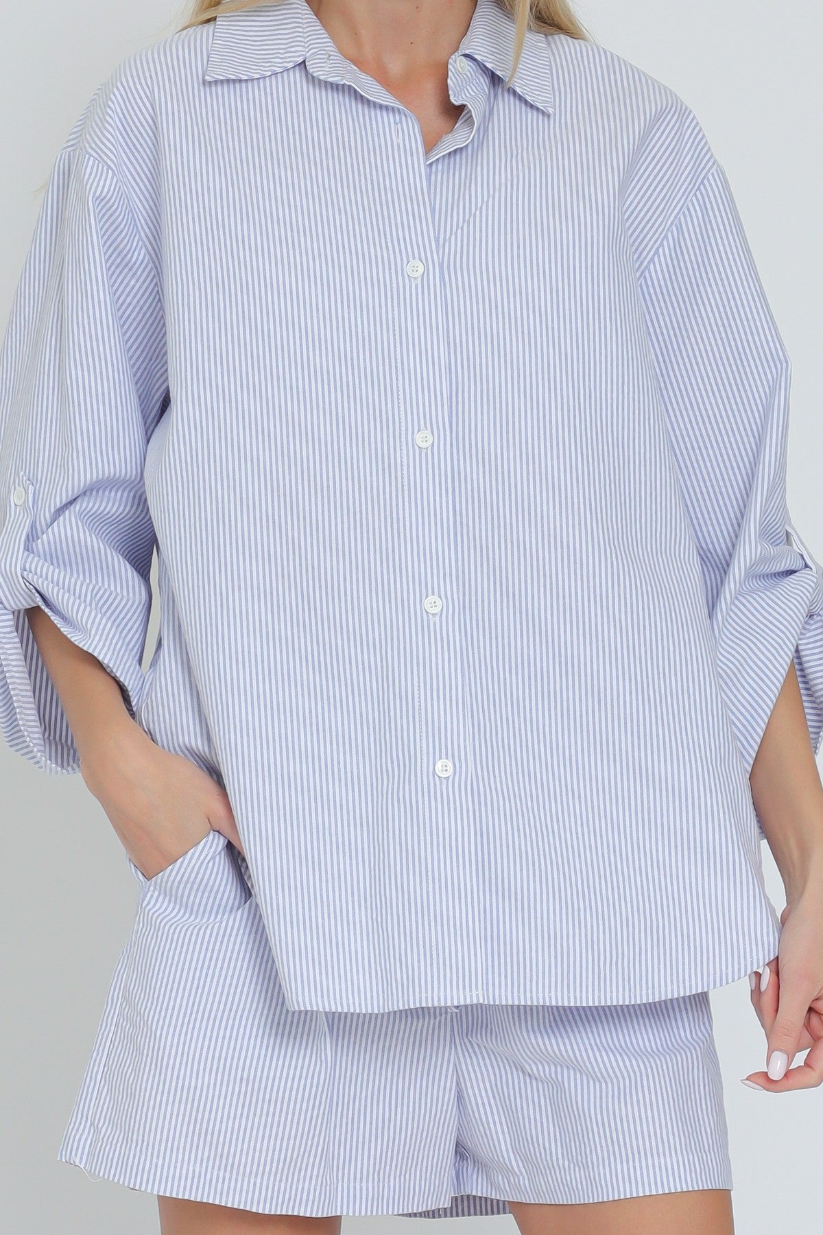 Roll Up Sleeve Shirt & Elastic Waisted Shorts Set