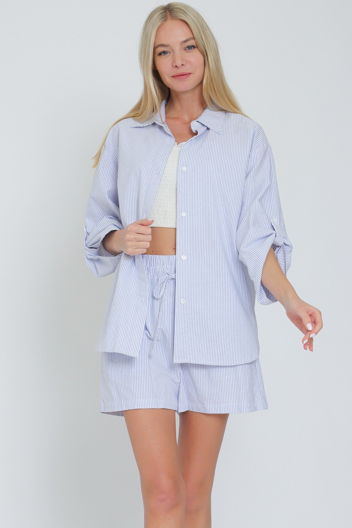Roll Up Sleeve Shirt & Elastic Waisted Shorts Set