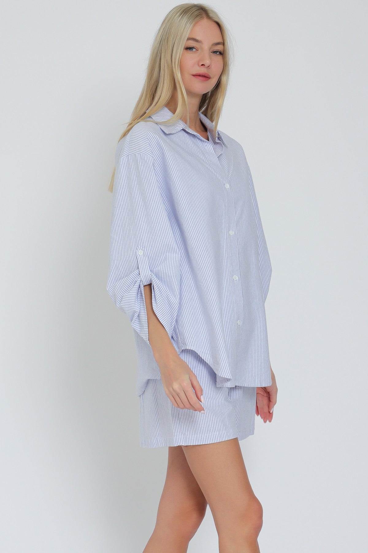 Roll Up Sleeve Shirt & Elastic Waisted Shorts Set