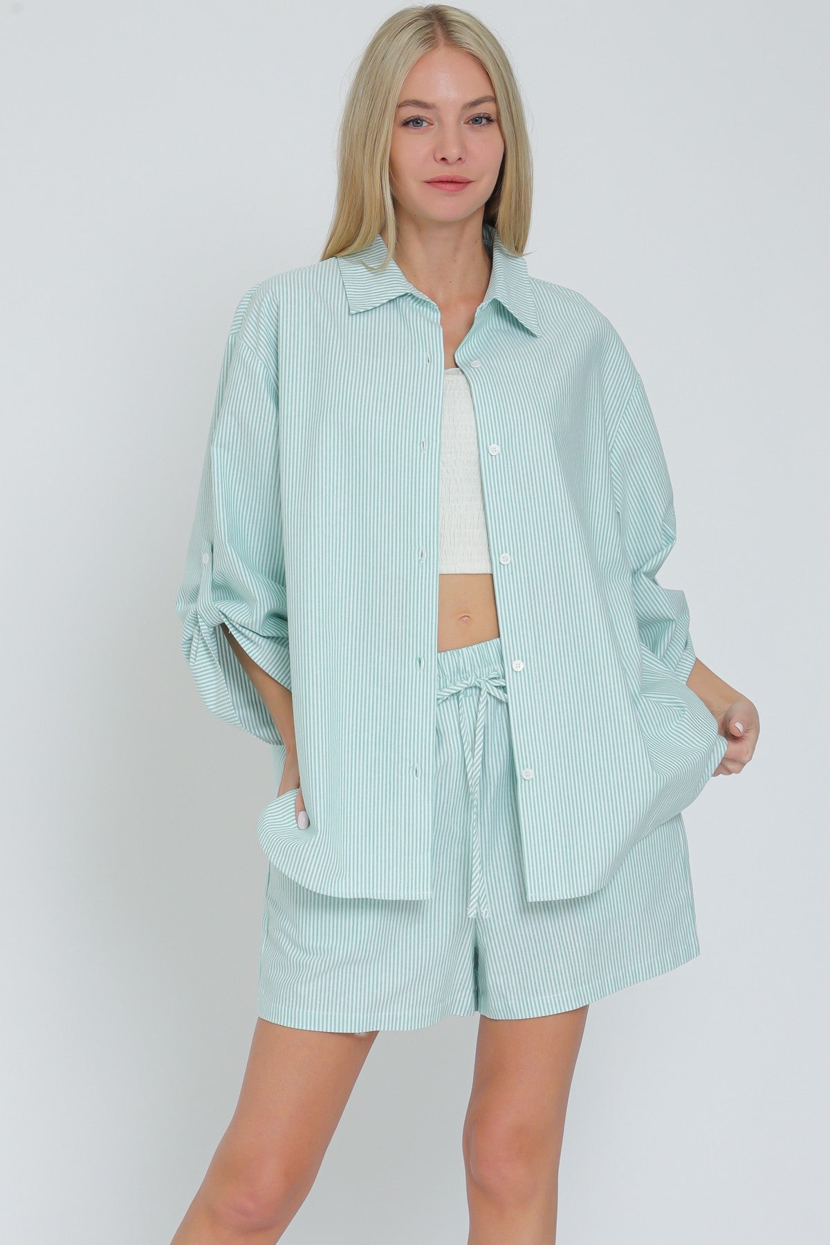 Roll Up Sleeve Shirt & Elastic Waisted Shorts Set