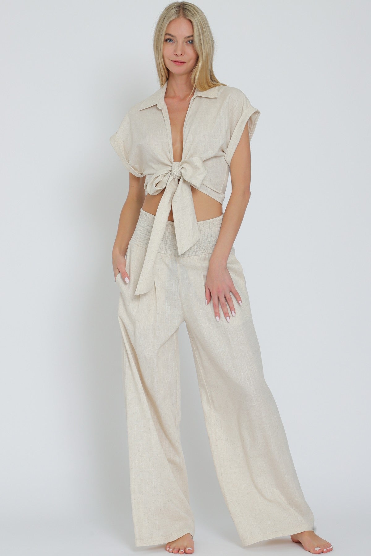 Tie Front Waisted Top&elastic Waistband Pants Set