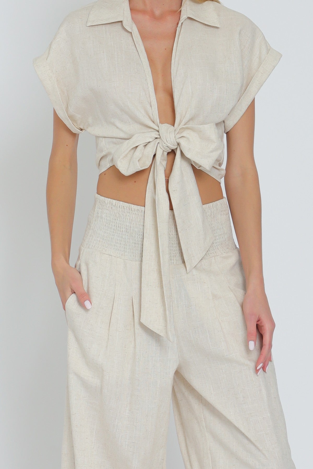 Tie Front Waisted Top&elastic Waistband Pants Set