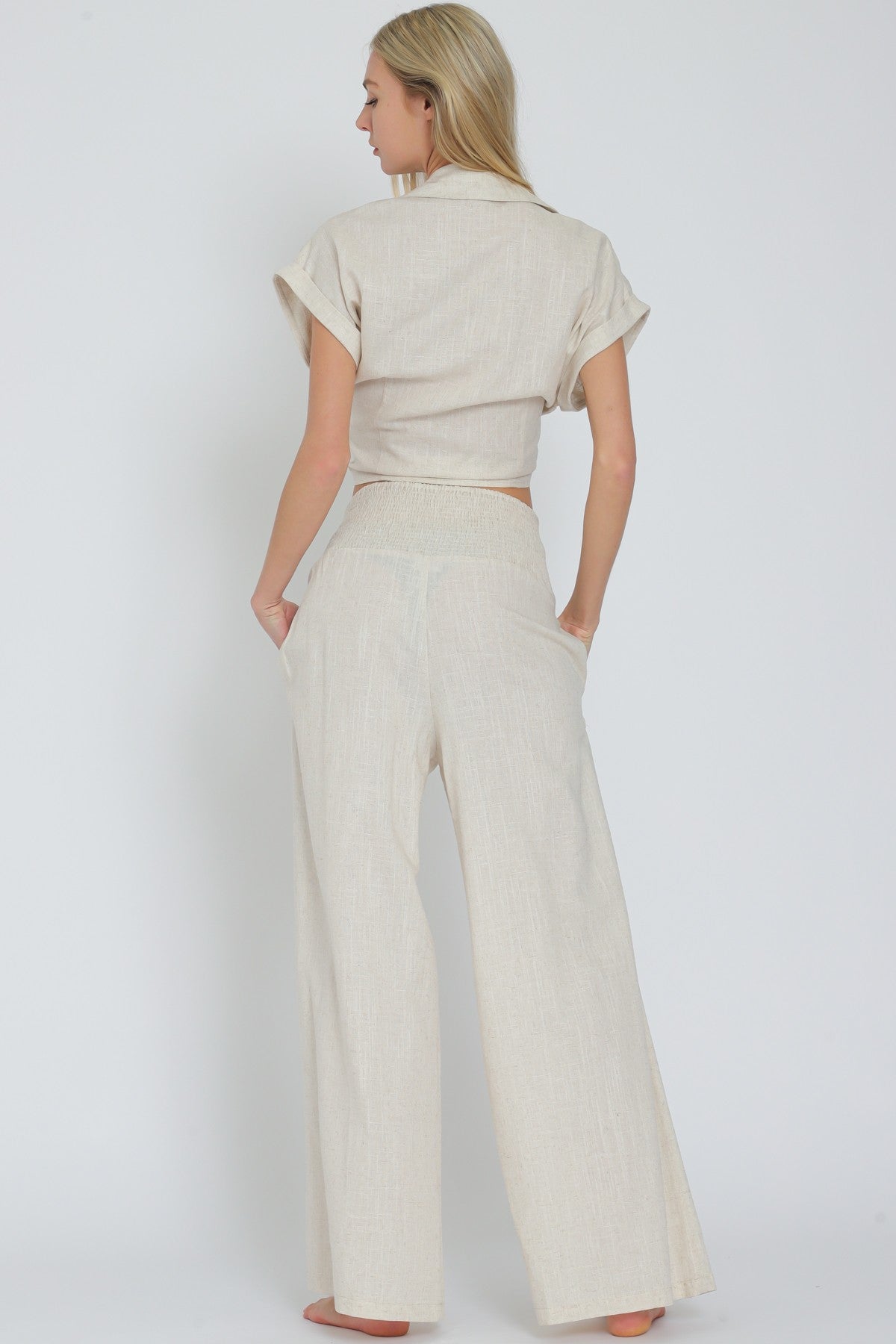 Tie Front Waisted Top&elastic Waistband Pants Set