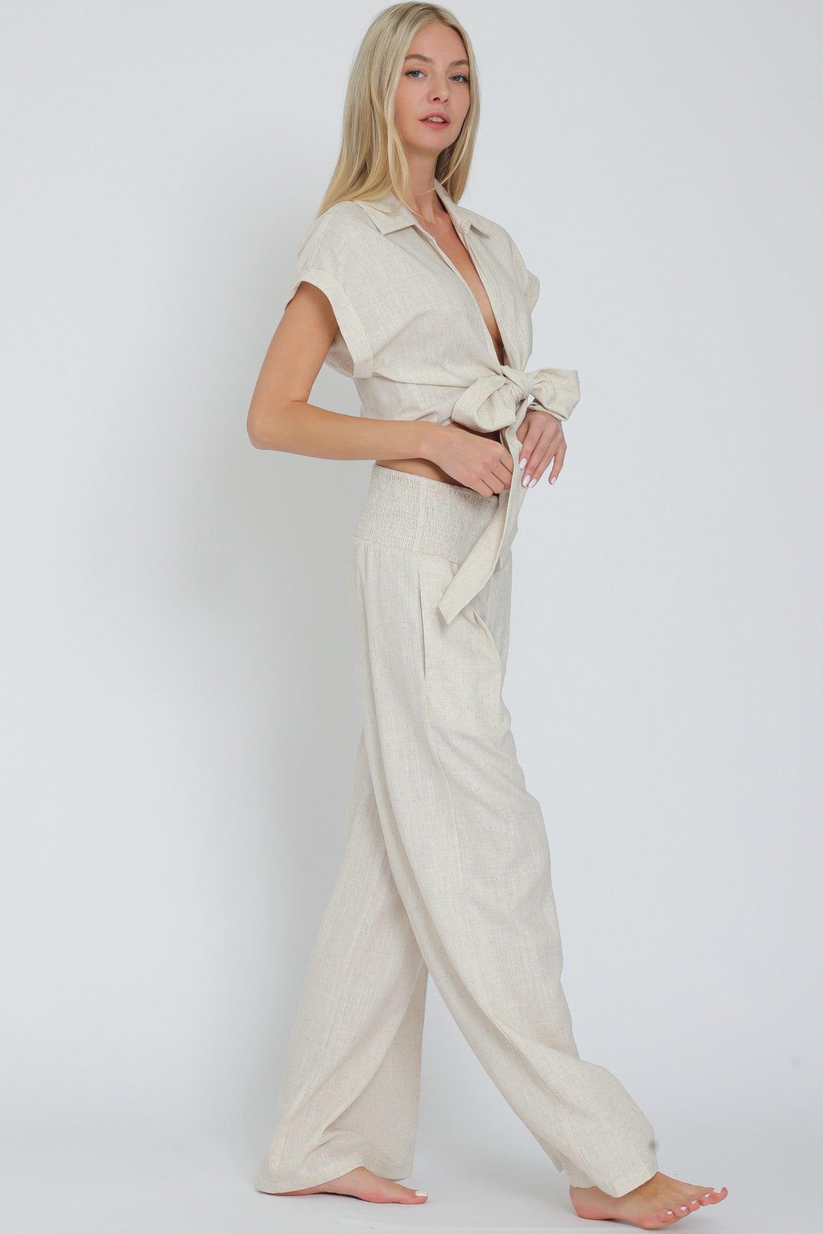 Tie Front Waisted Top&elastic Waistband Pants Set