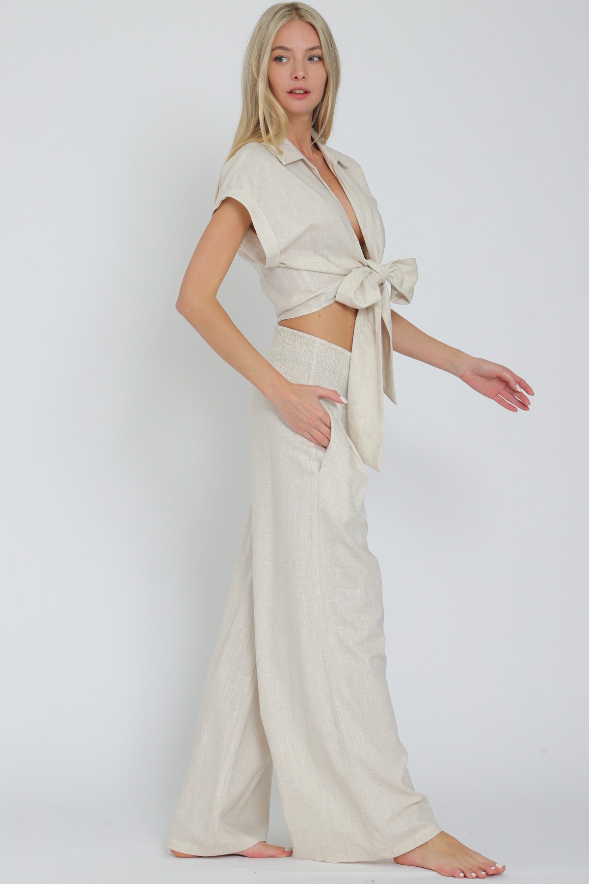 Tie Front Waisted Top&elastic Waistband Pants Set