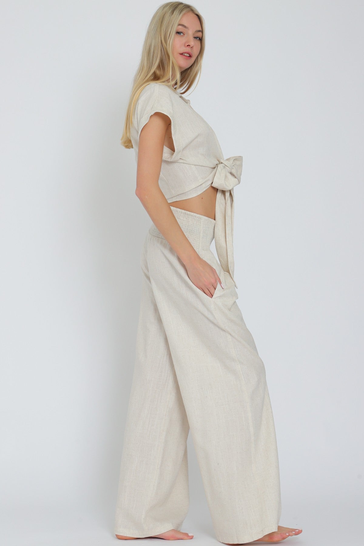 Tie Front Waisted Top&elastic Waistband Pants Set