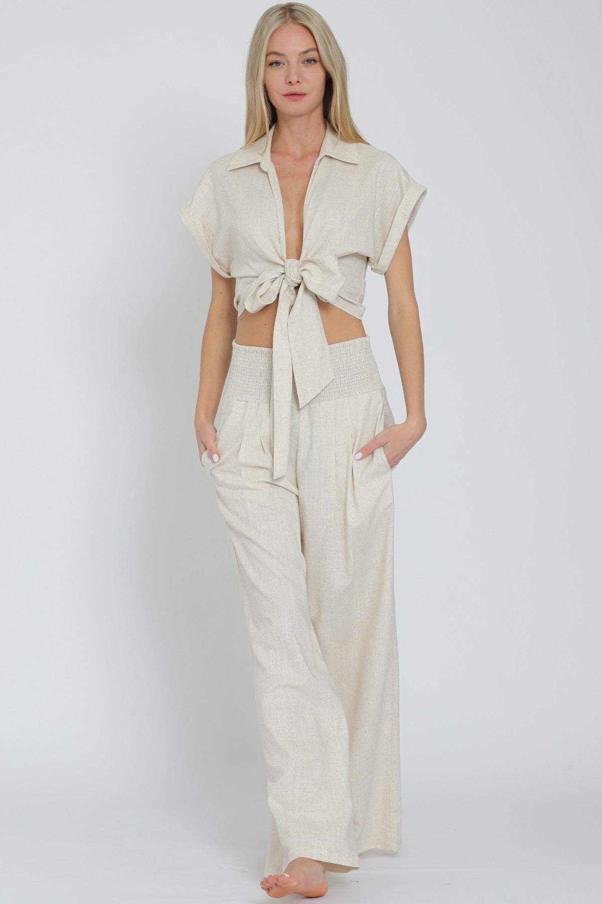 Tie Front Waisted Top&elastic Waistband Pants Set