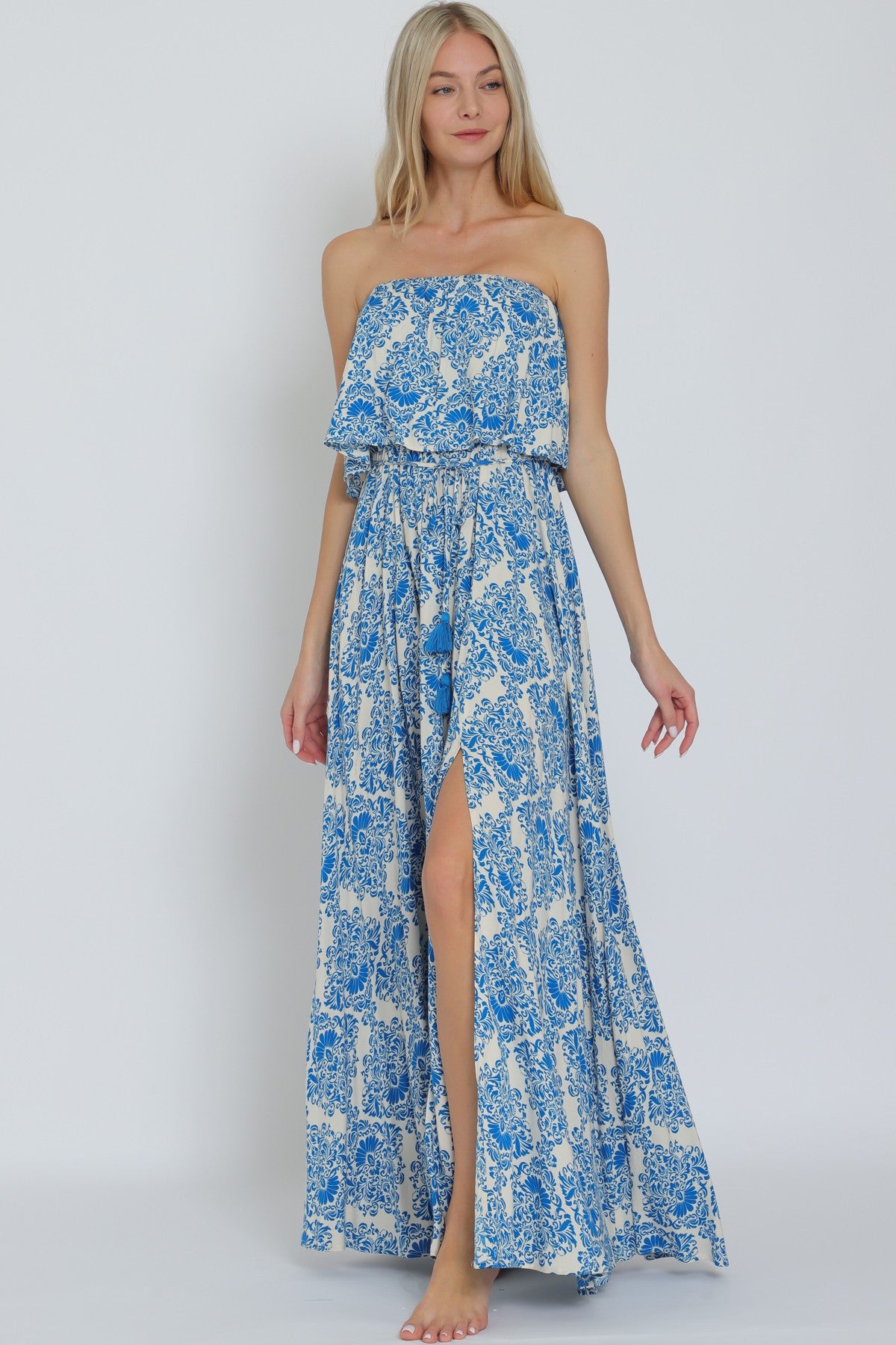 Tube Elastic Waisted Belted Maxi Dress