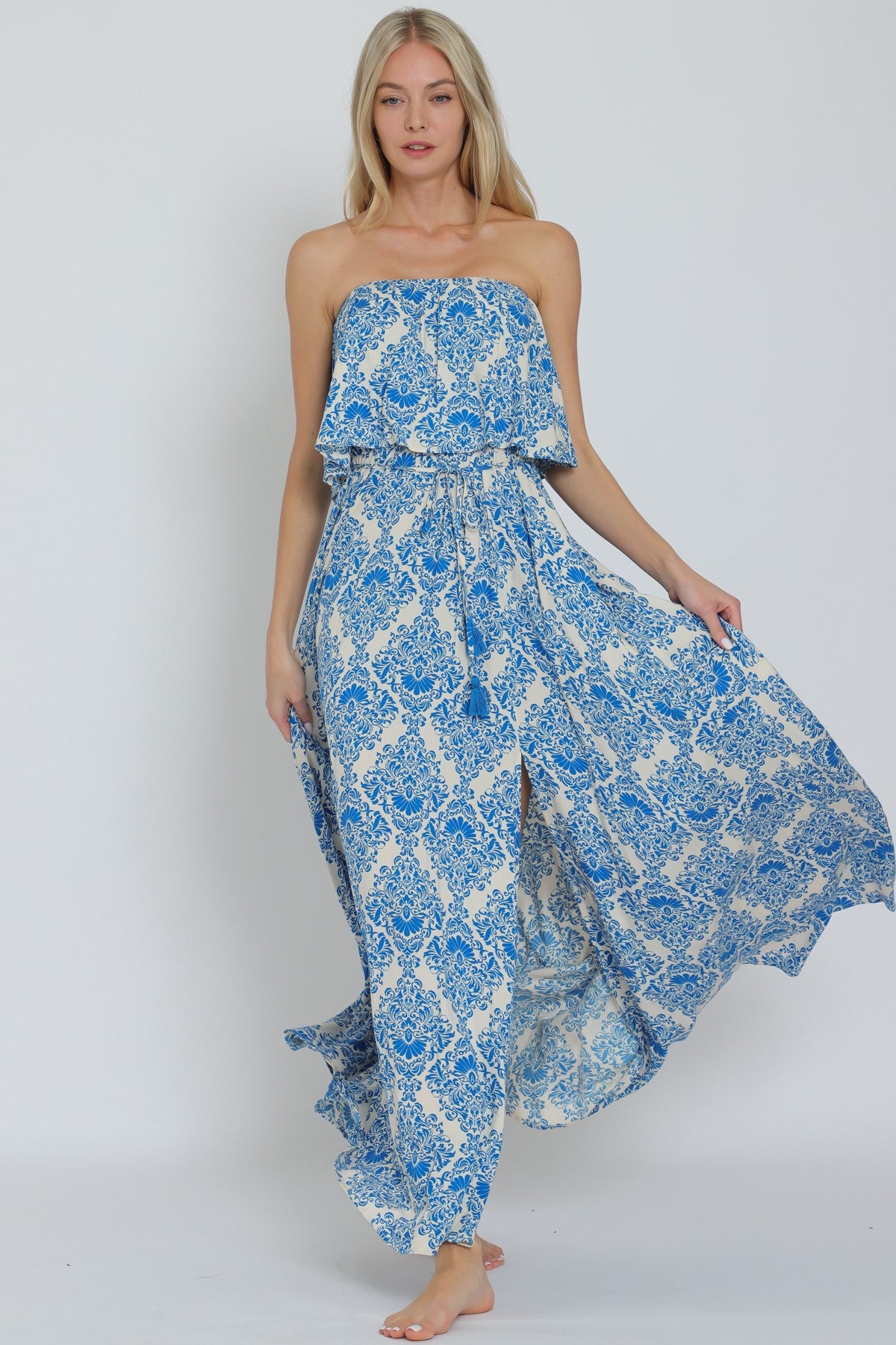 Tube Elastic Waisted Belted Maxi Dress