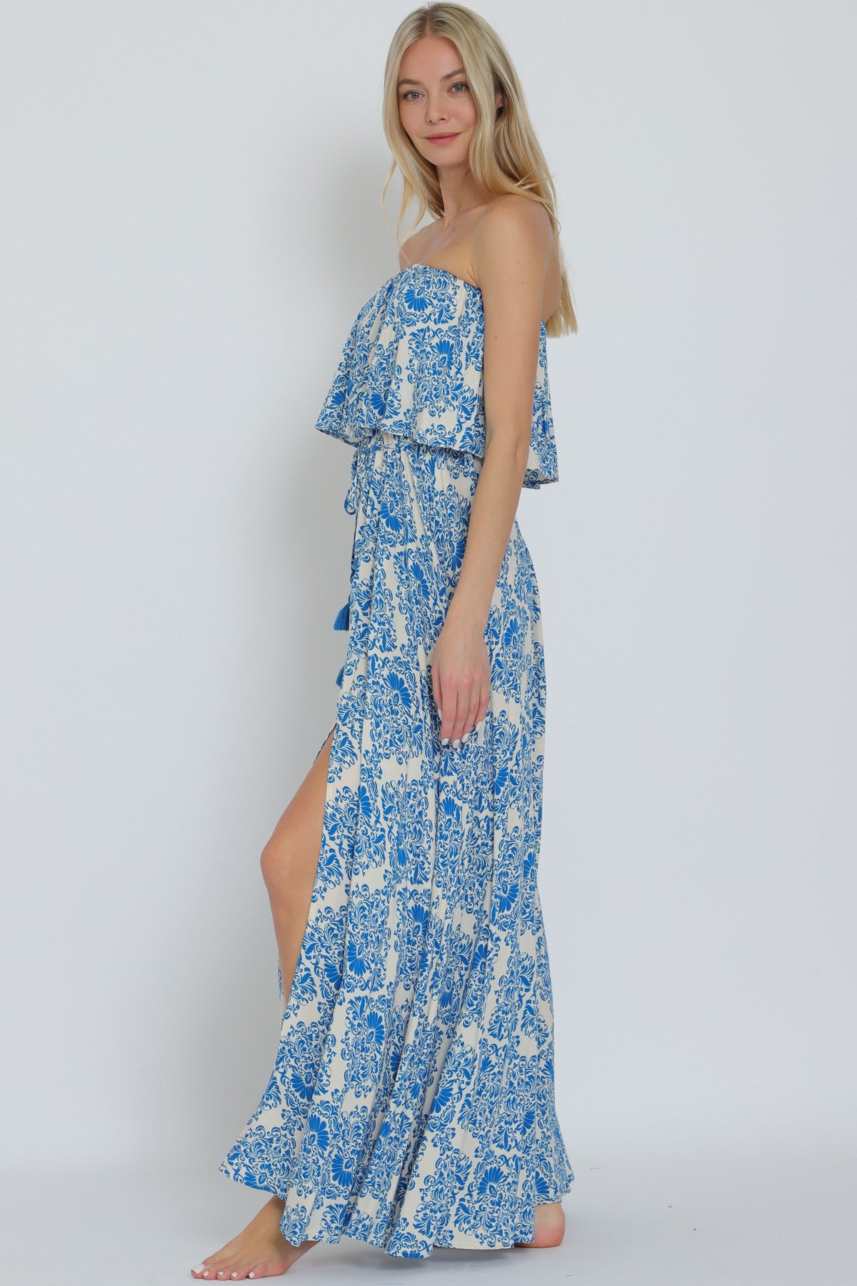 Tube Elastic Waisted Belted Maxi Dress