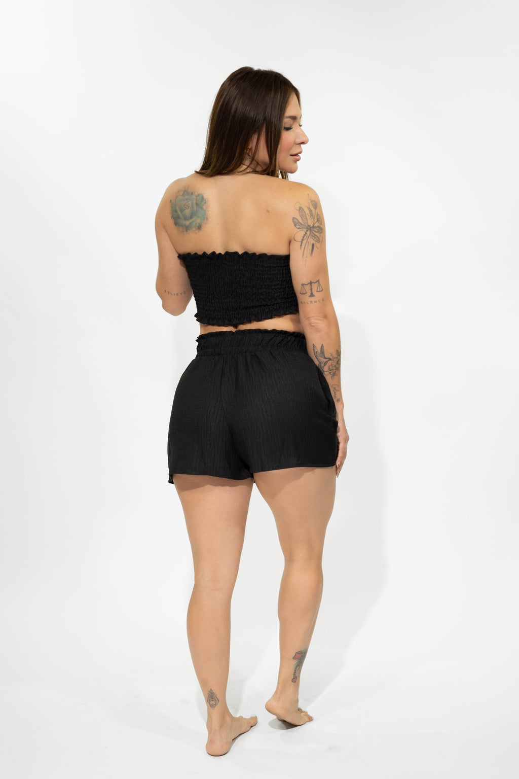Smocked Tube Crop Top & Elastic Waist Shorts Black