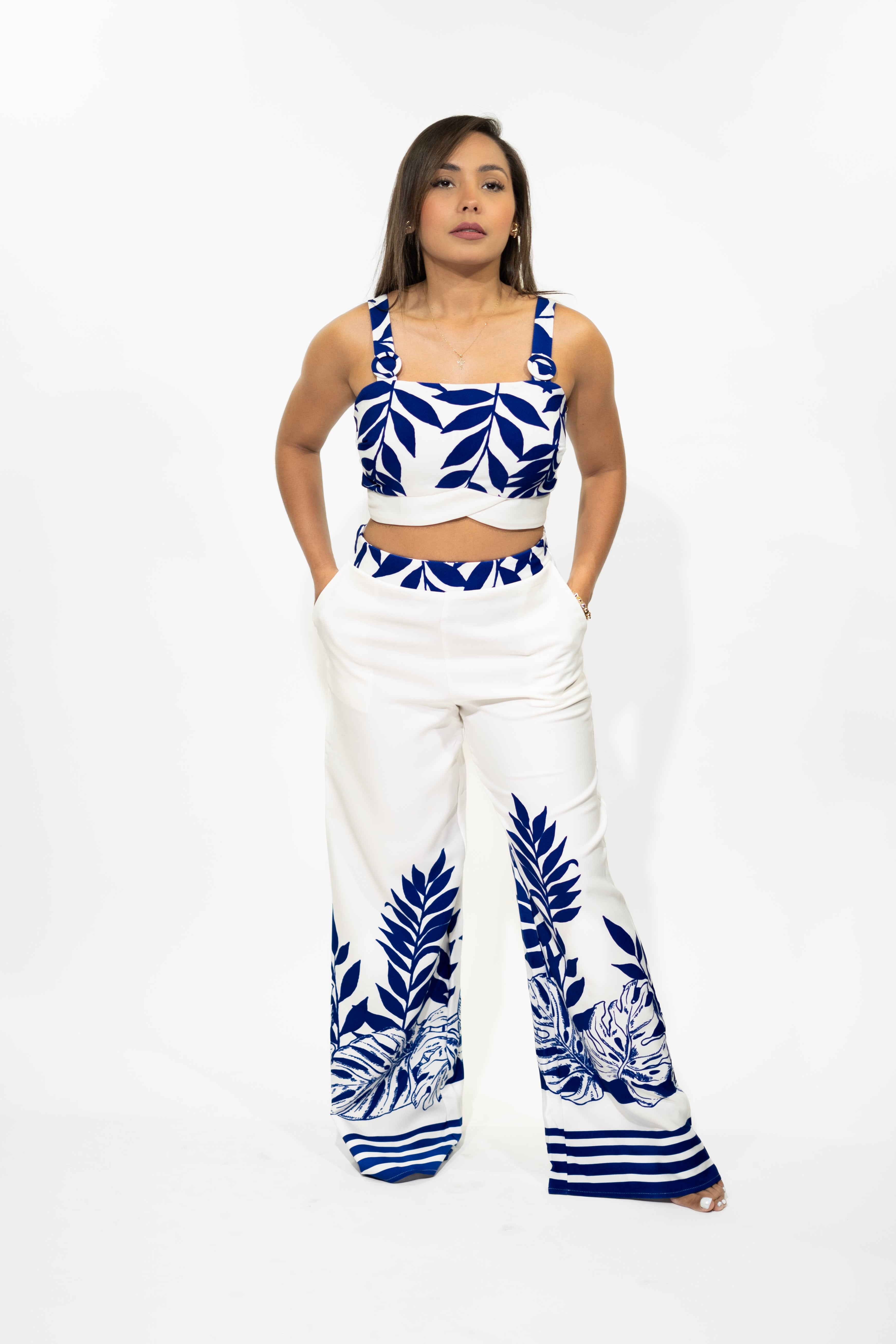 Blue O-Ring Strap Detail Crop Top With Pants Set
