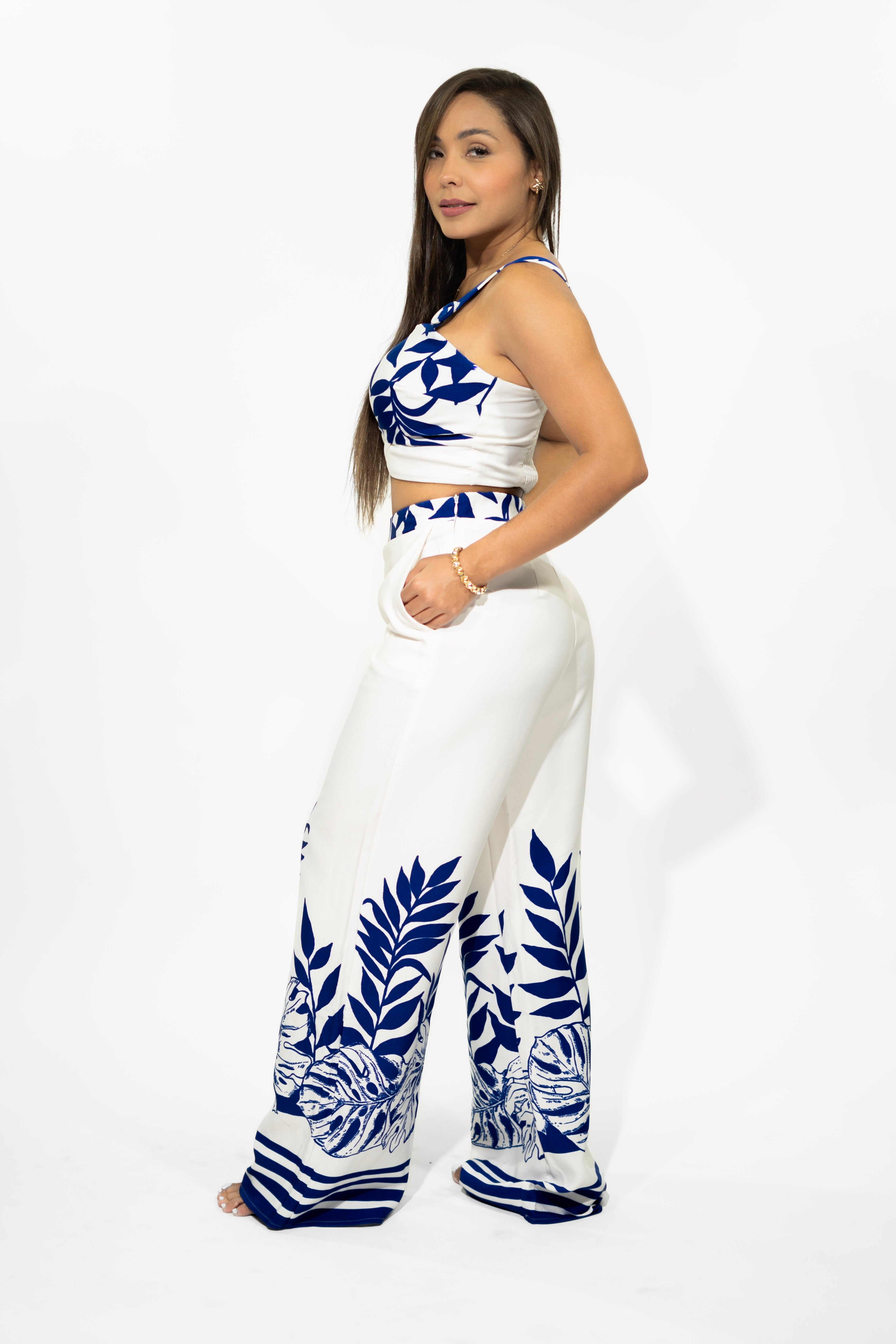 Blue O-Ring Strap Detail Crop Top With Pants Set