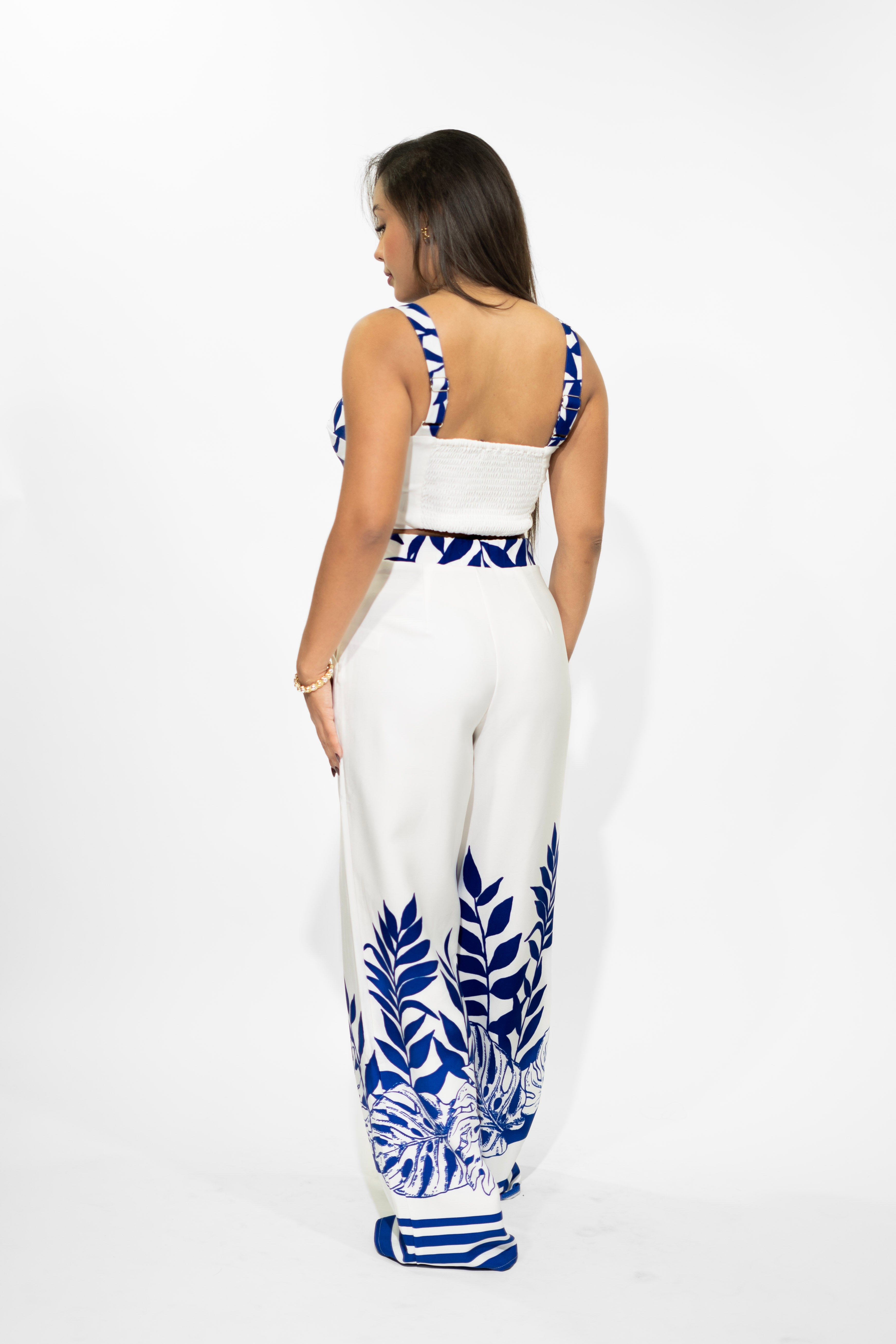 Blue O-Ring Strap Detail Crop Top With Pants Set