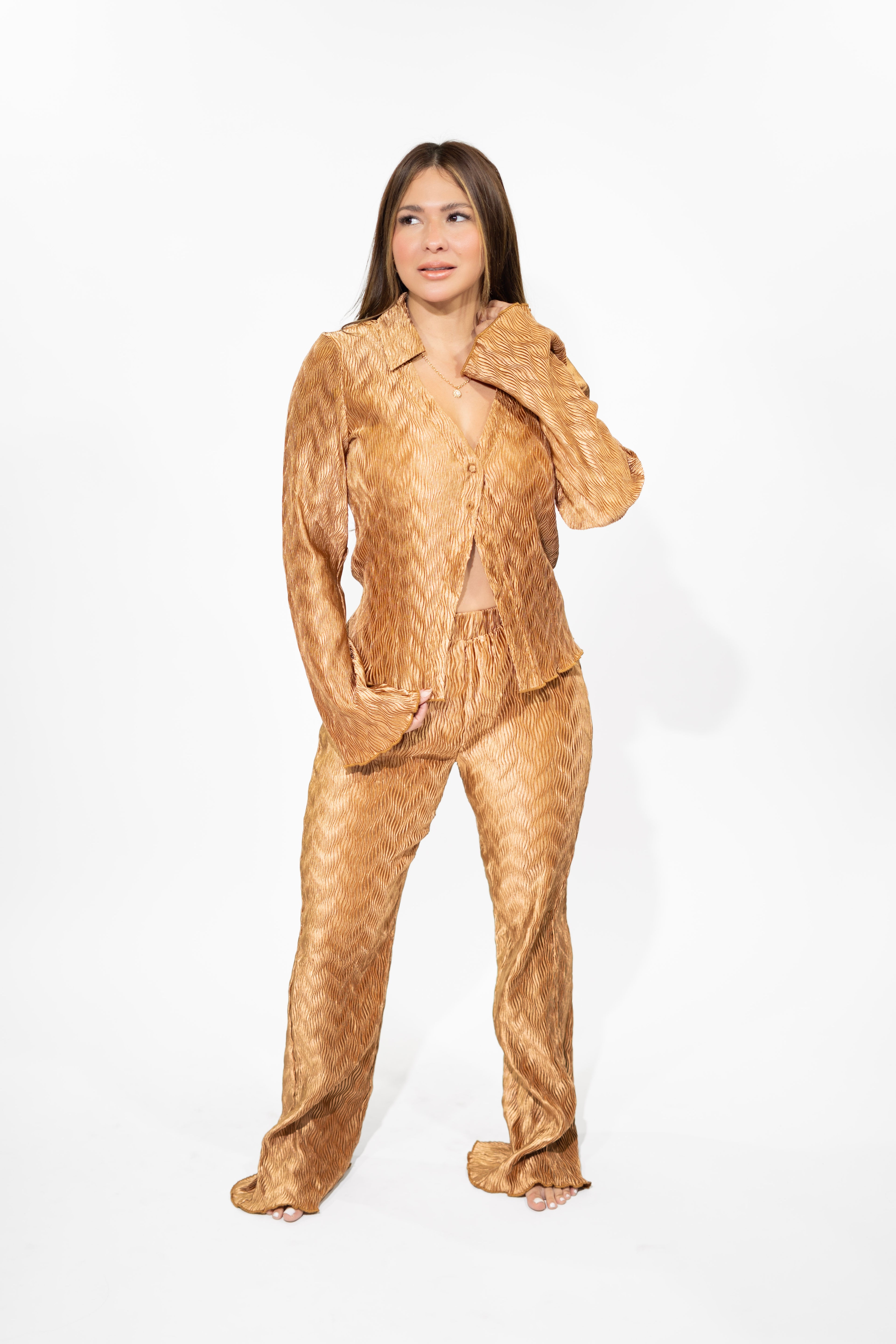 Copper V-Neck Long Sleeve Set