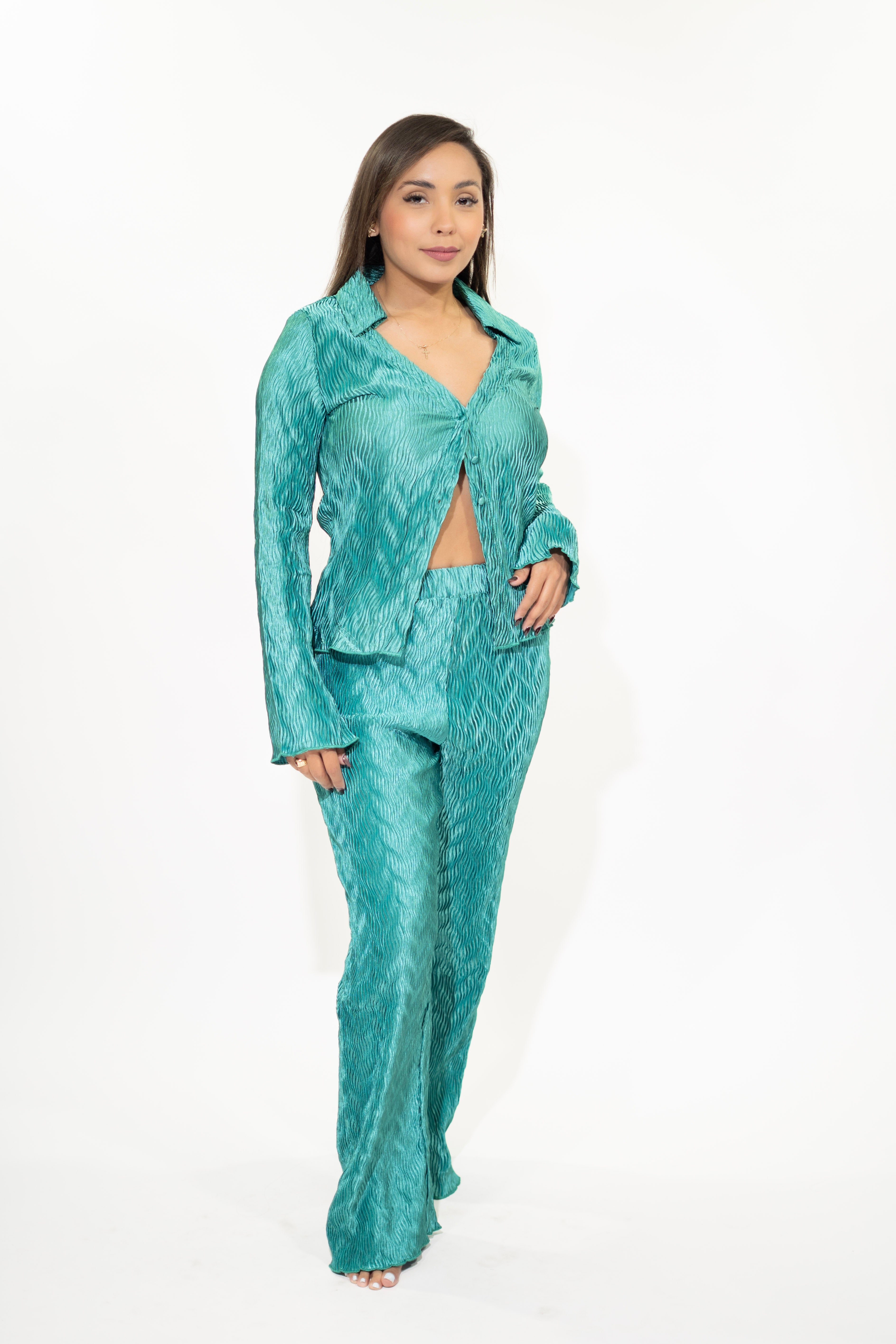 Green V-Neck Long Sleeve Set