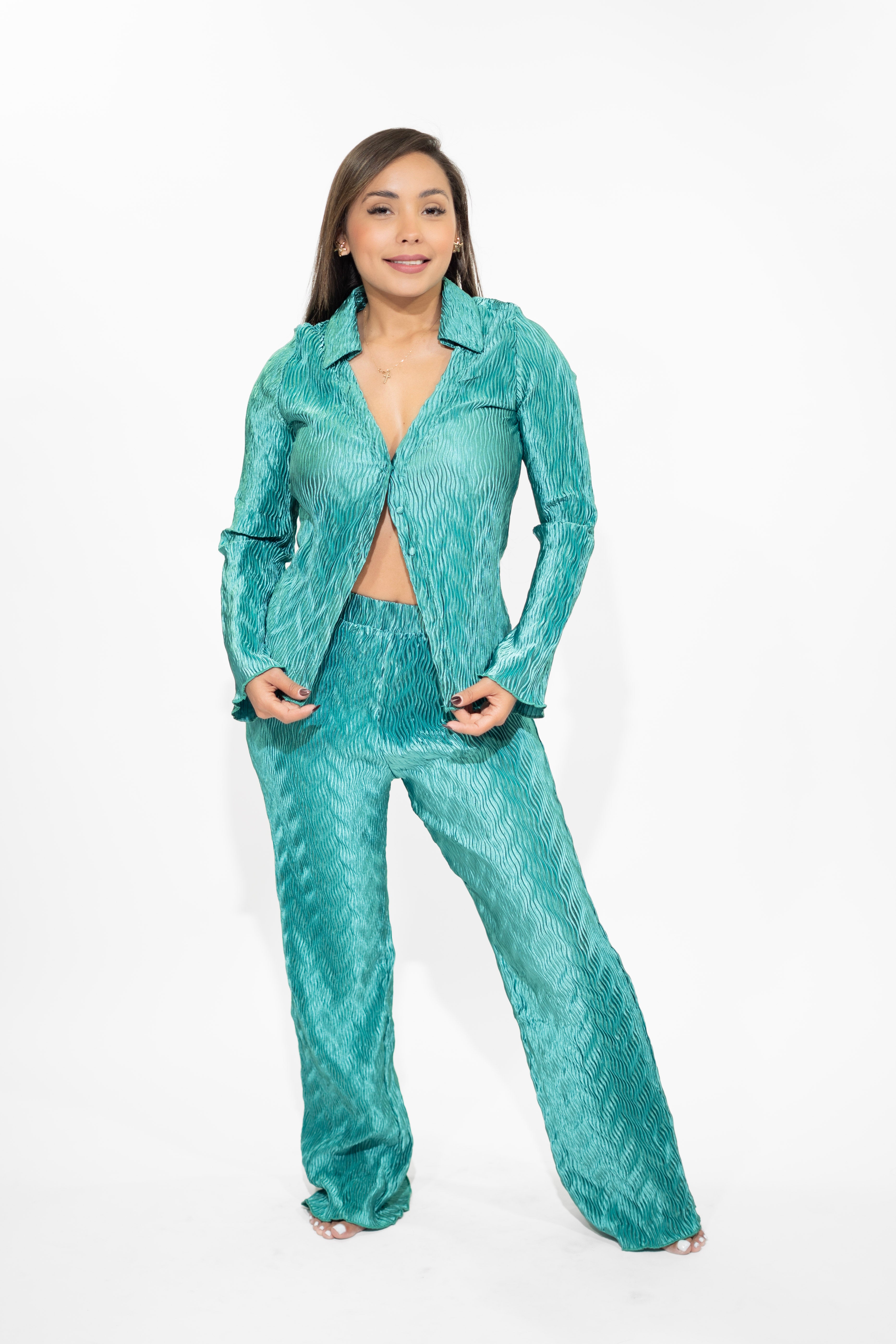 Green V-Neck Long Sleeve Set