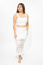 White Bange Crop Top & Midi Skirt W/Cutouts