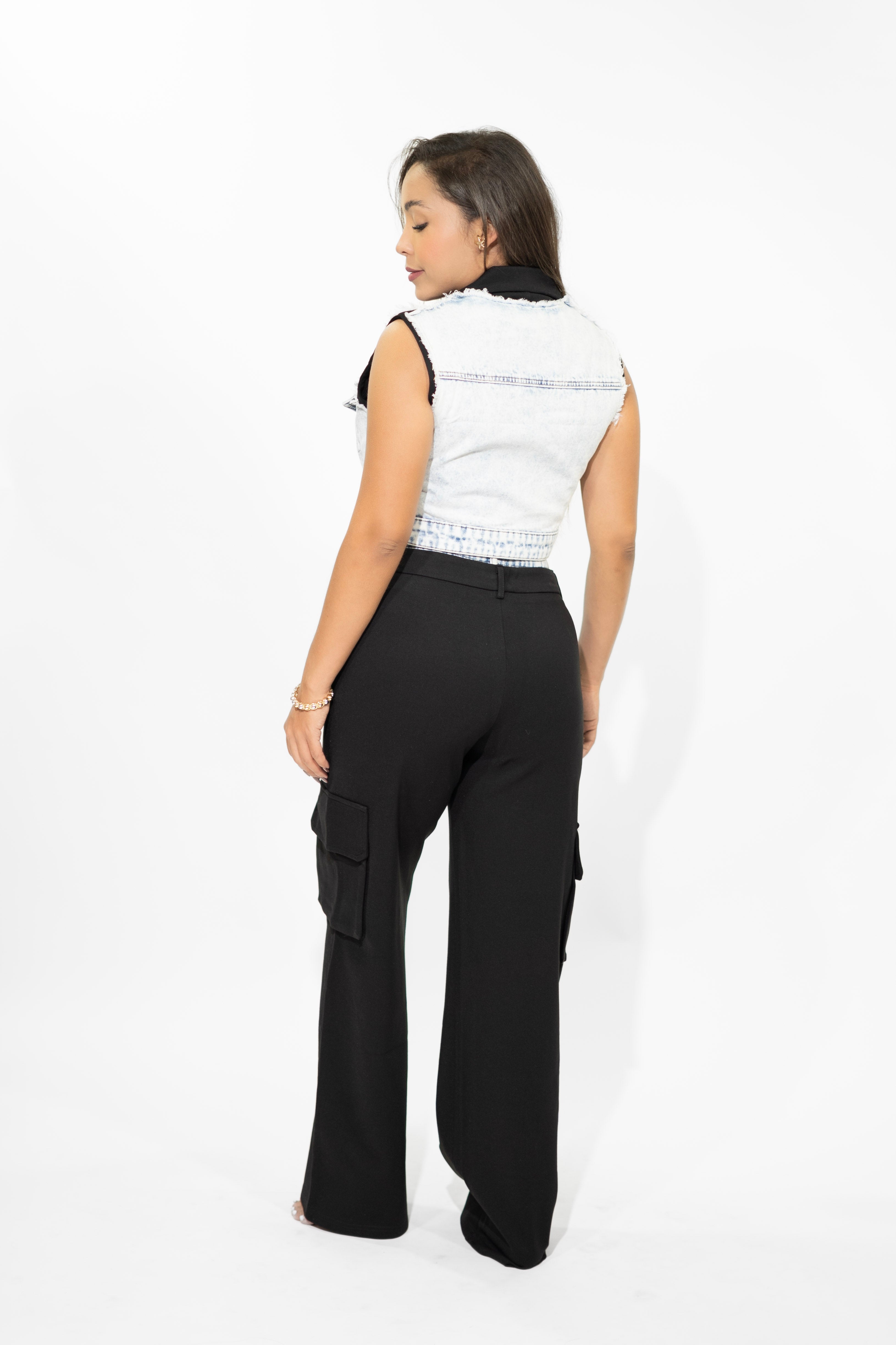 Arleen Black/Blue Denim Vest and Cargo Set