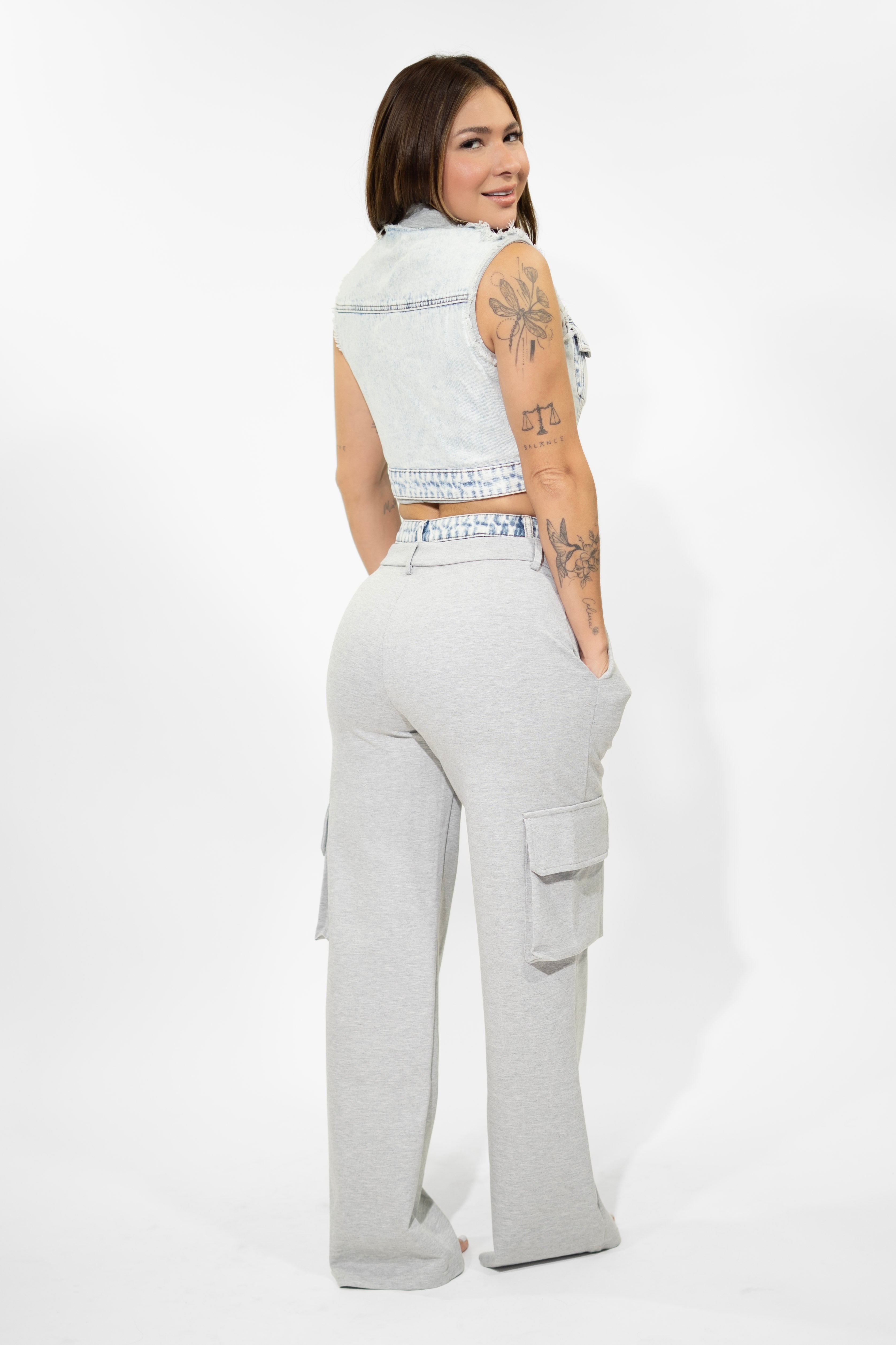 Arleen Blue/Grey Denim Vest and Cargo Set