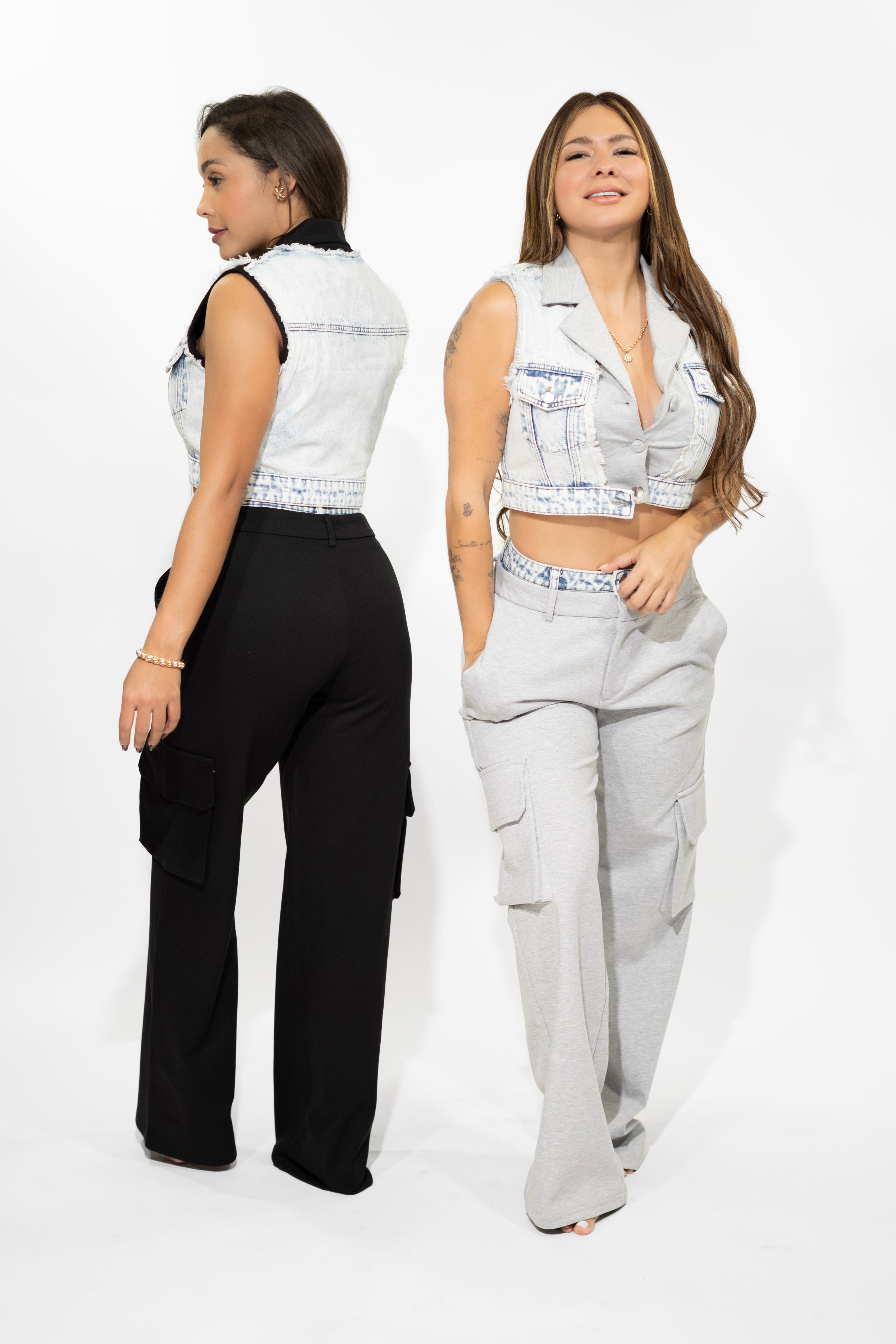 Arleen Blue/Grey Denim Vest and Cargo Set