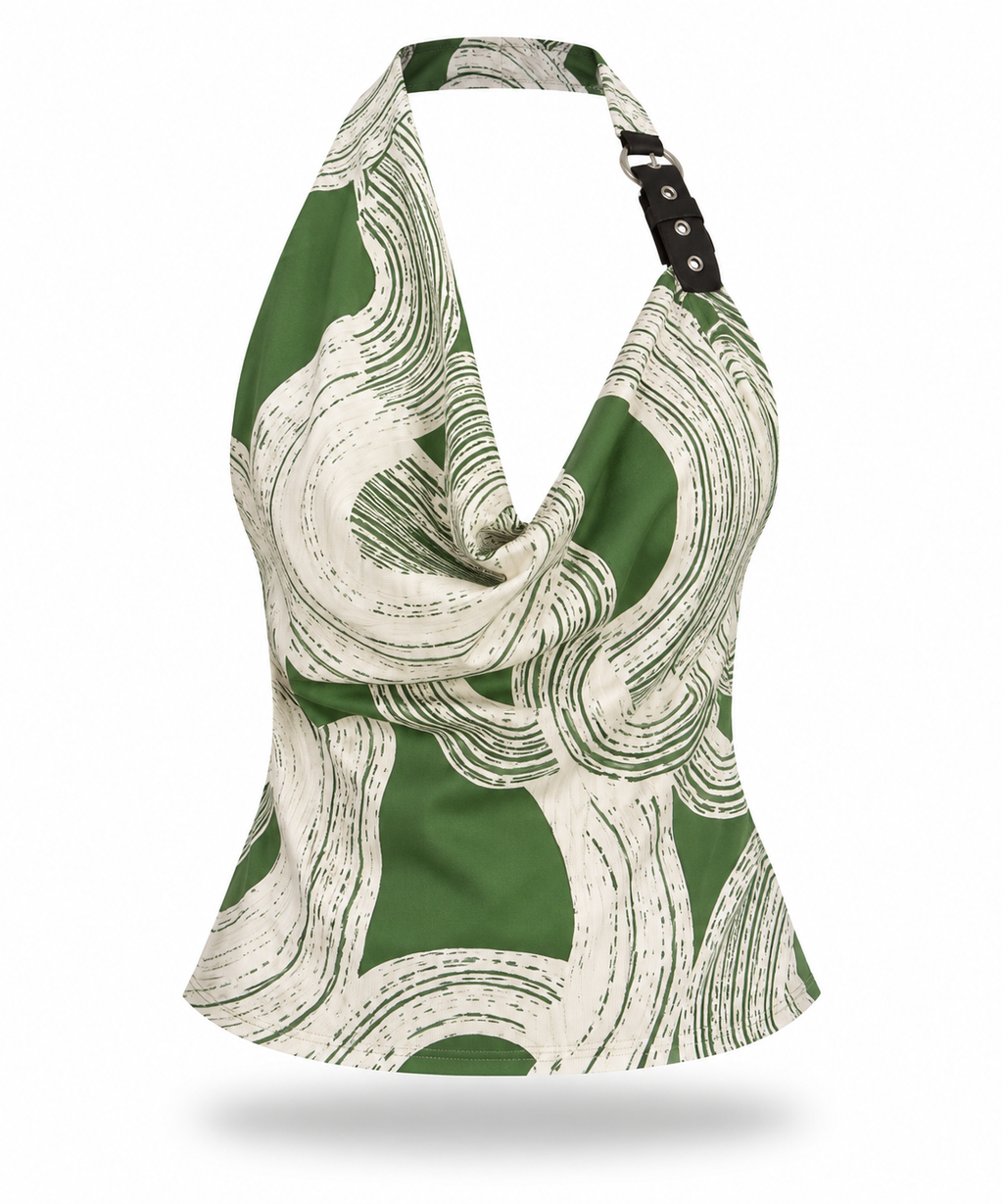 Green Printed Cowl Halter & Wide Leg Pant Set