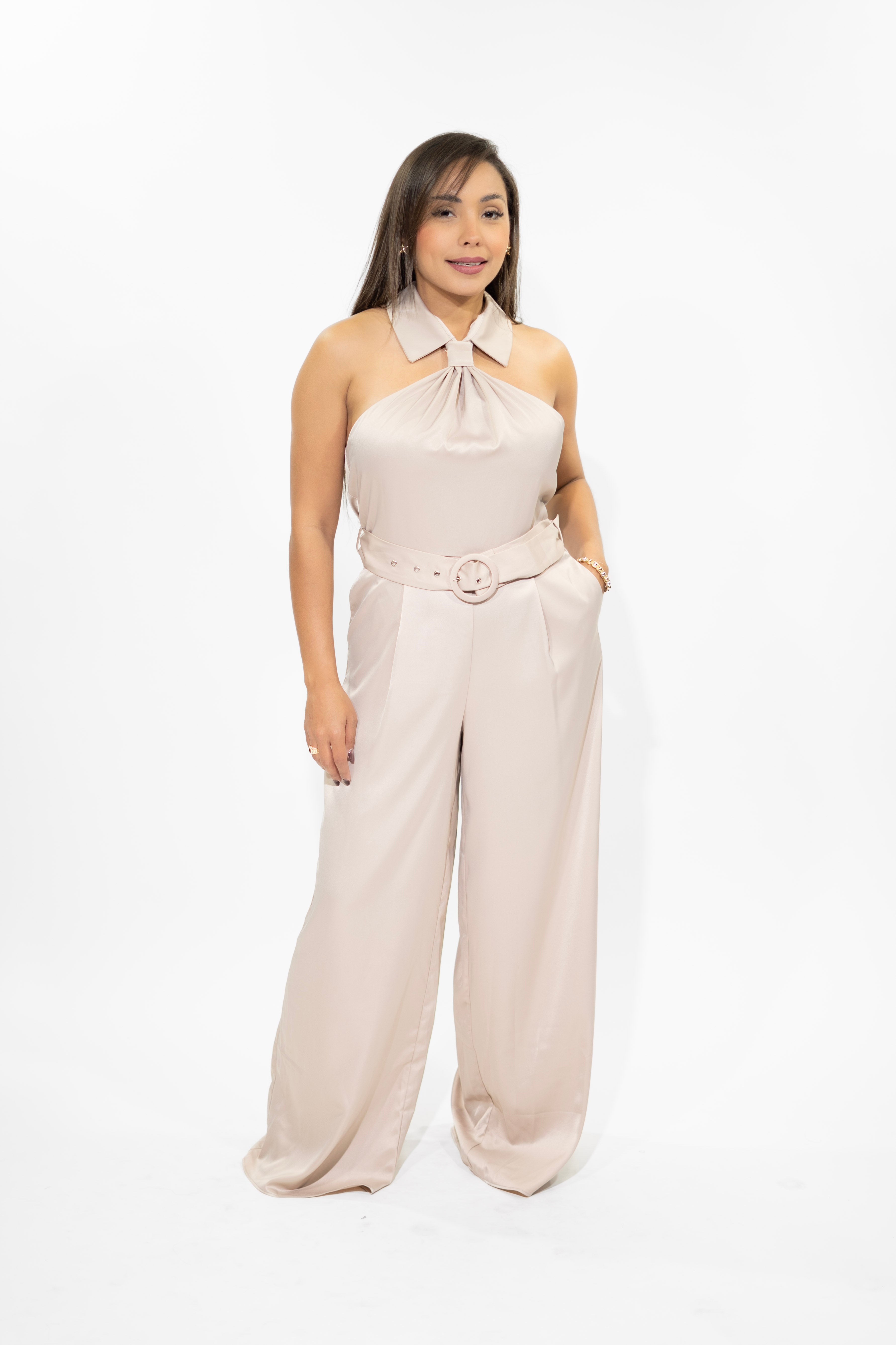 Taupe Knotted Halter Neck Jumpsuit