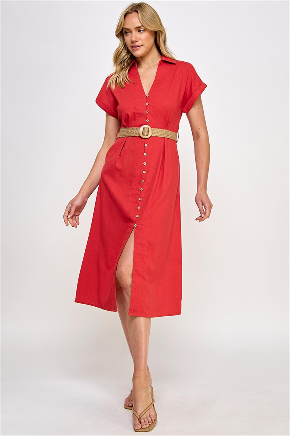 Tomato Red Belted Mini Shirt Dress