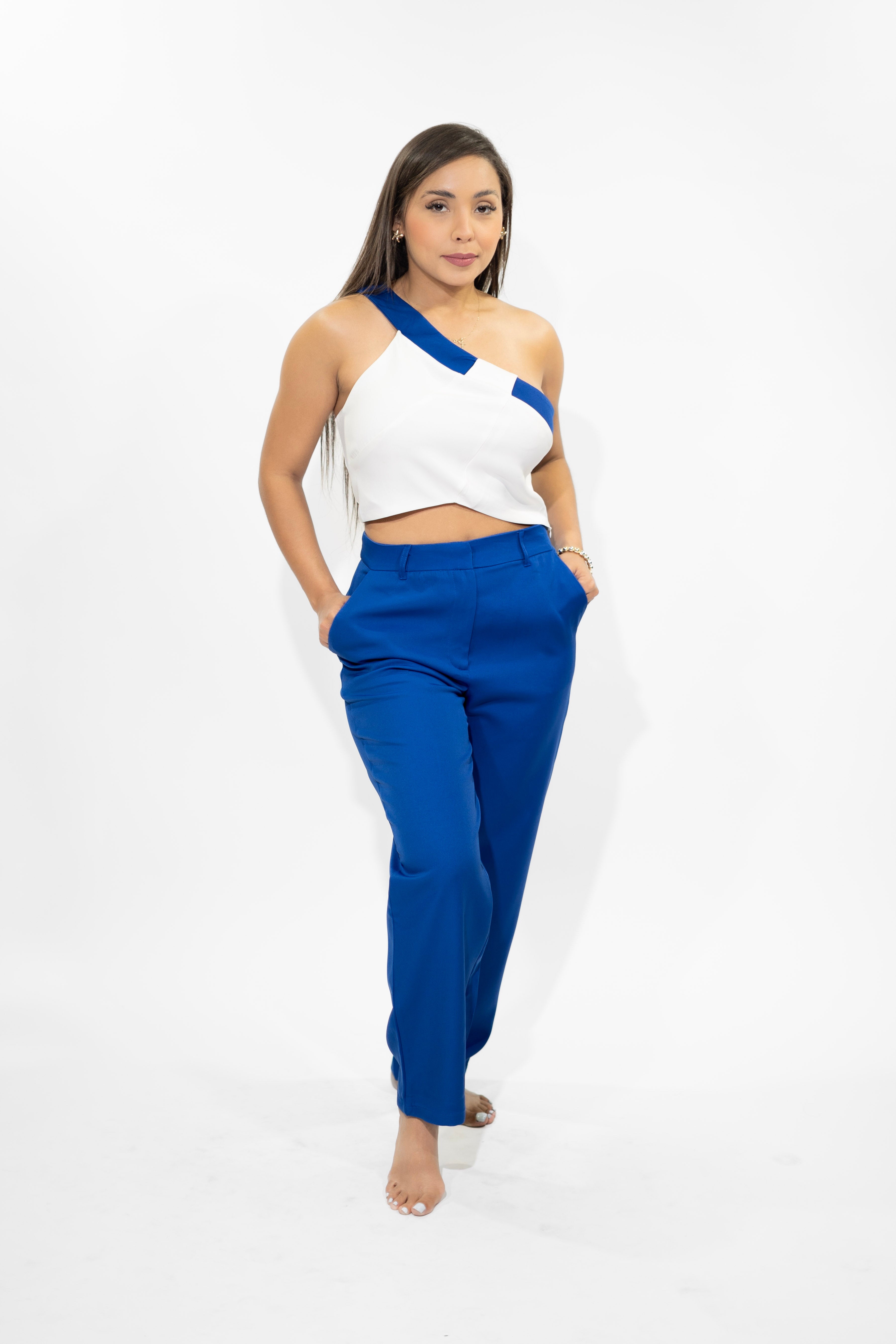 Blue One-Shoulder Top & Pant Set