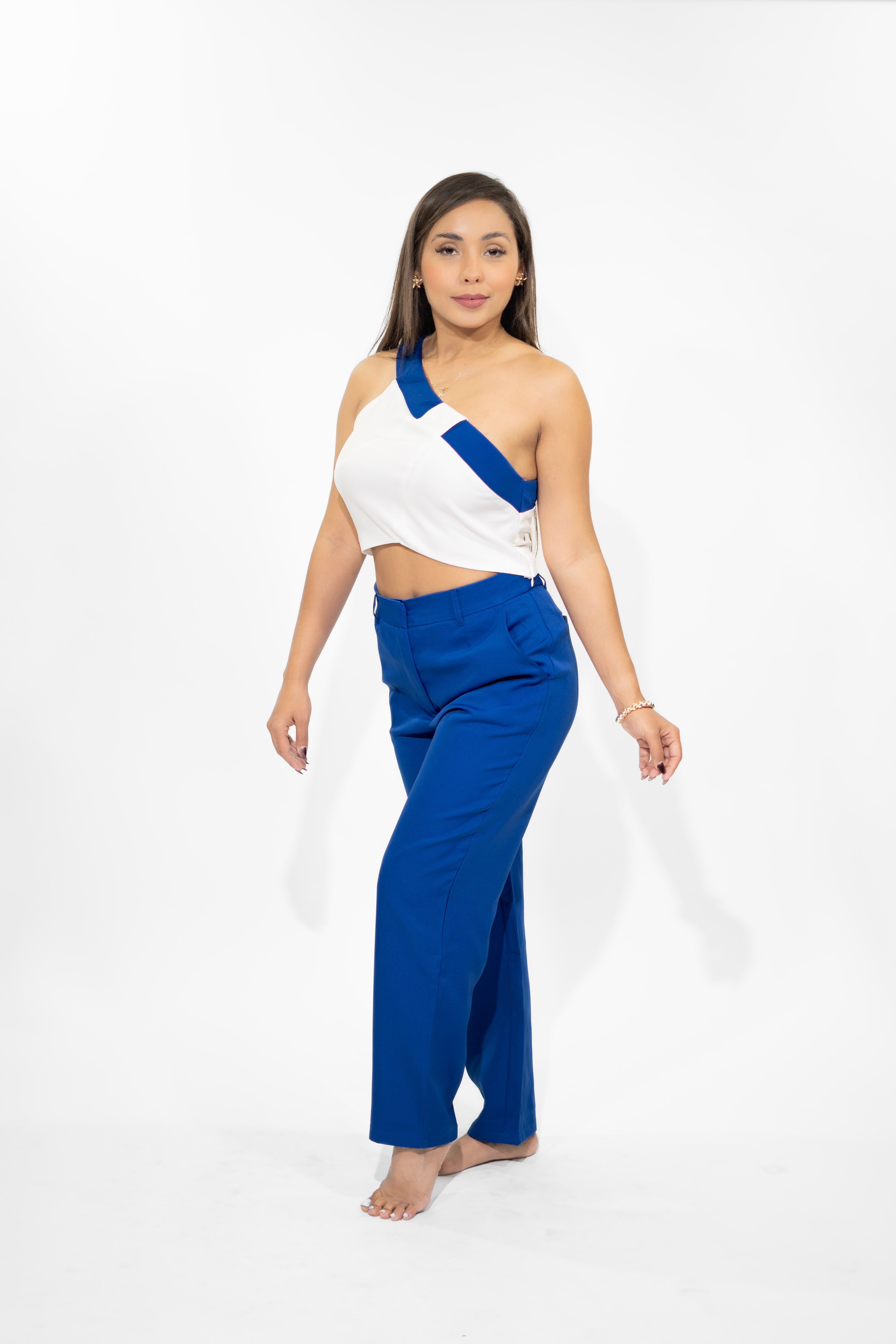 Blue One-Shoulder Top & Pant Set