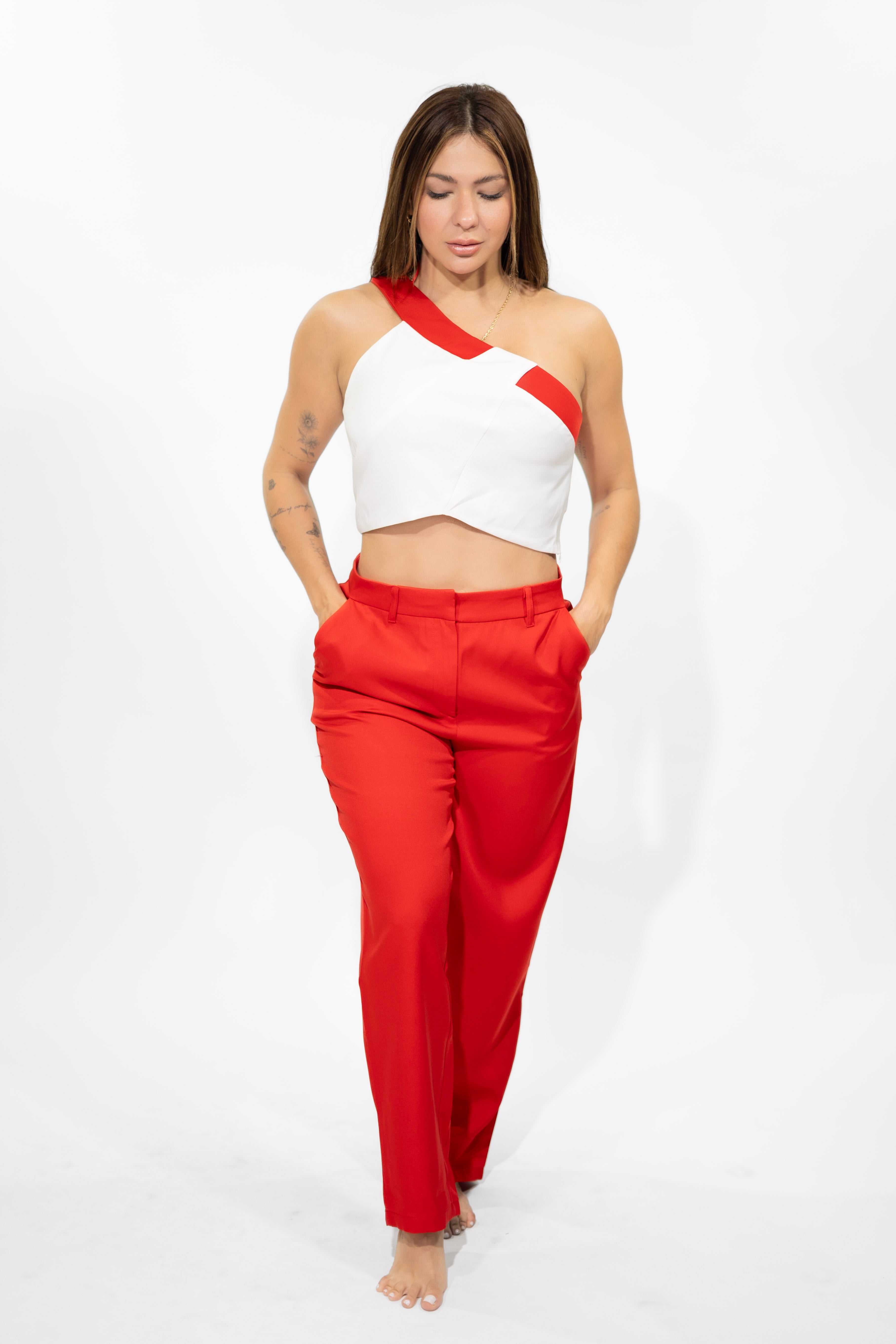 Red One-Shoulder Top & Pant Set