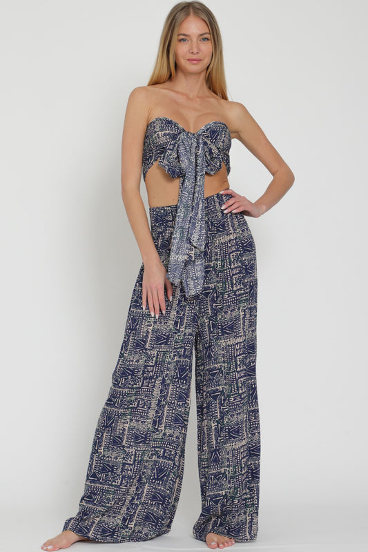 Tie Front Chest Crop Top And Long Pants Set
