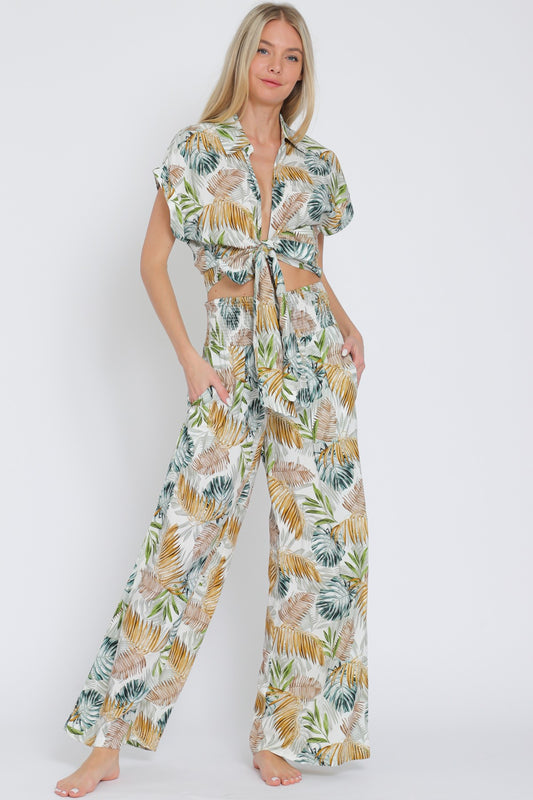 Tie Front Waisted Shirt Top & Long Pants Set