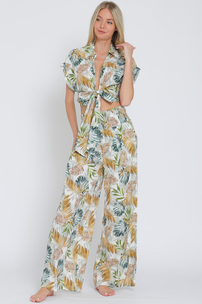 Tie Front Waisted Shirt Top & Long Pants Set