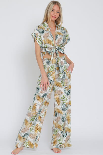 Tie Front Waisted Shirt Top & Long Pants Set